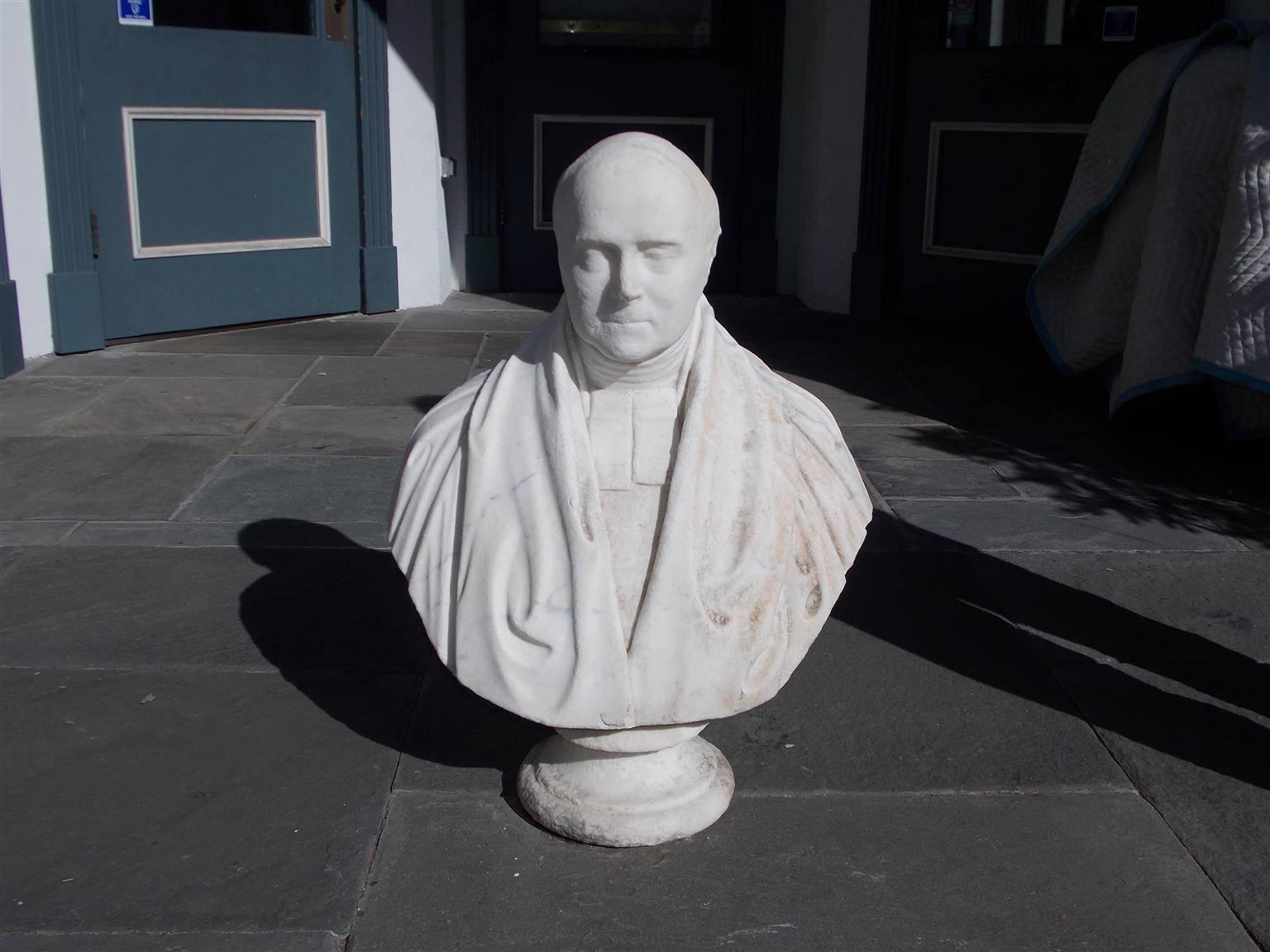 English Marble bust of Parliament gentleman displayed on a circular plinth. Signed by maker John Graham Lough, London Mid 19th Century. Lough sculpted the monuments to Henry Montgomery and of Bishop Middleton in St. Paul's Cathedral. He also