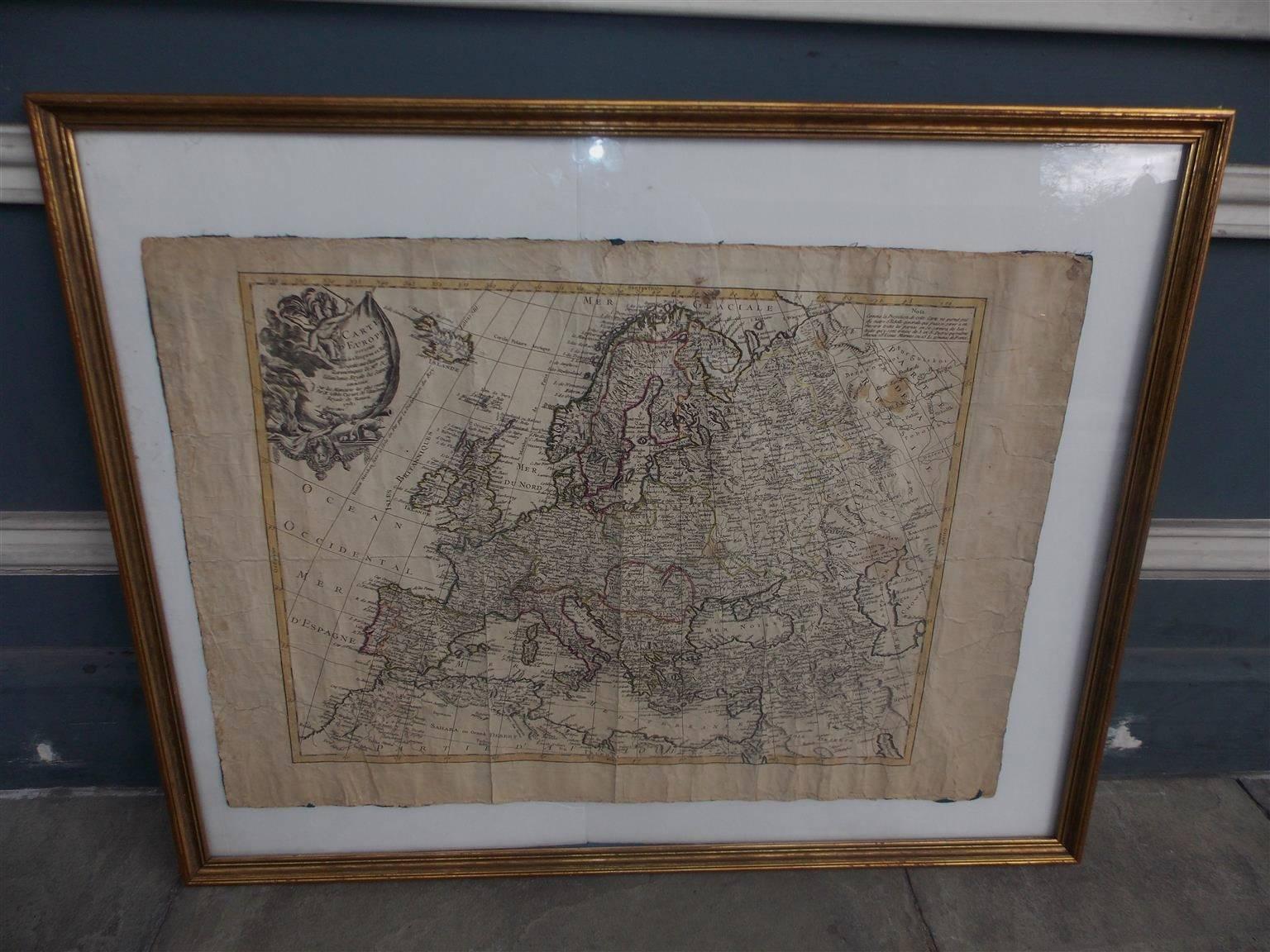 French European framed map printed on linen with a colorful outlines and border under glass. Late 18th Century. 
Measures: Map dimensions 22