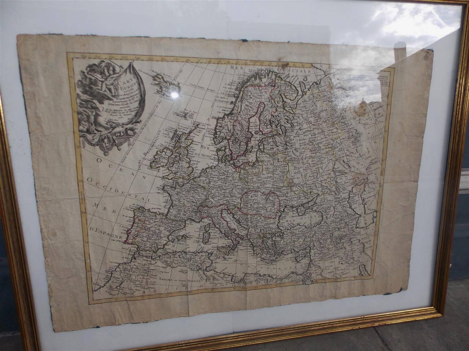 Louis XVI French European Framed Map Printed on Linen, Signed, Circa 1781