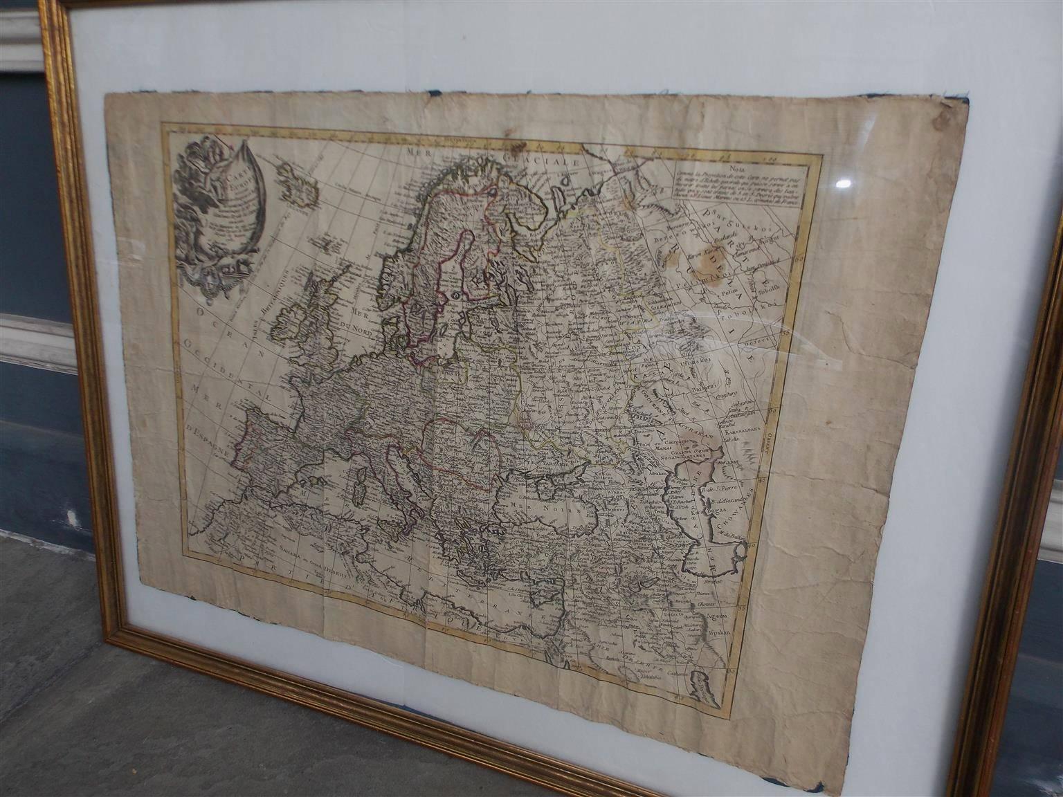 Gilt French European Framed Map Printed on Linen, Signed, Circa 1781