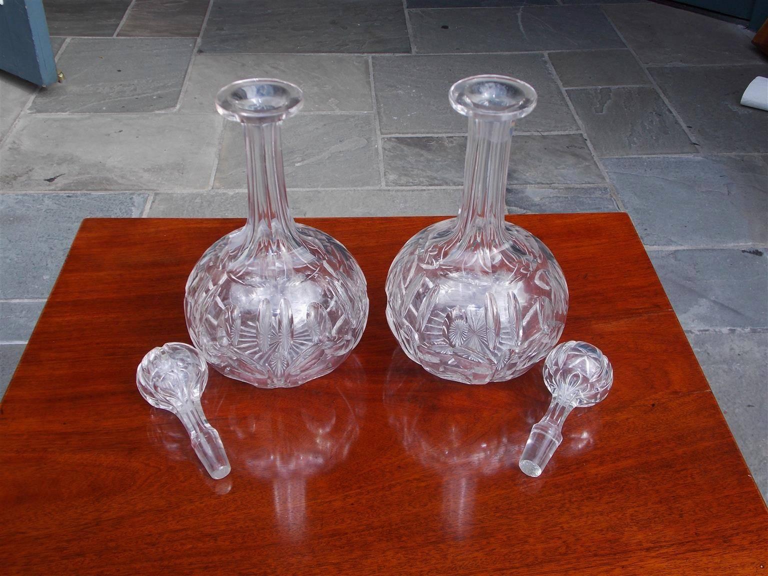 American Empire Pair of American Cut Crystal Decanters with Original Blown Stoppers, Circa 1830