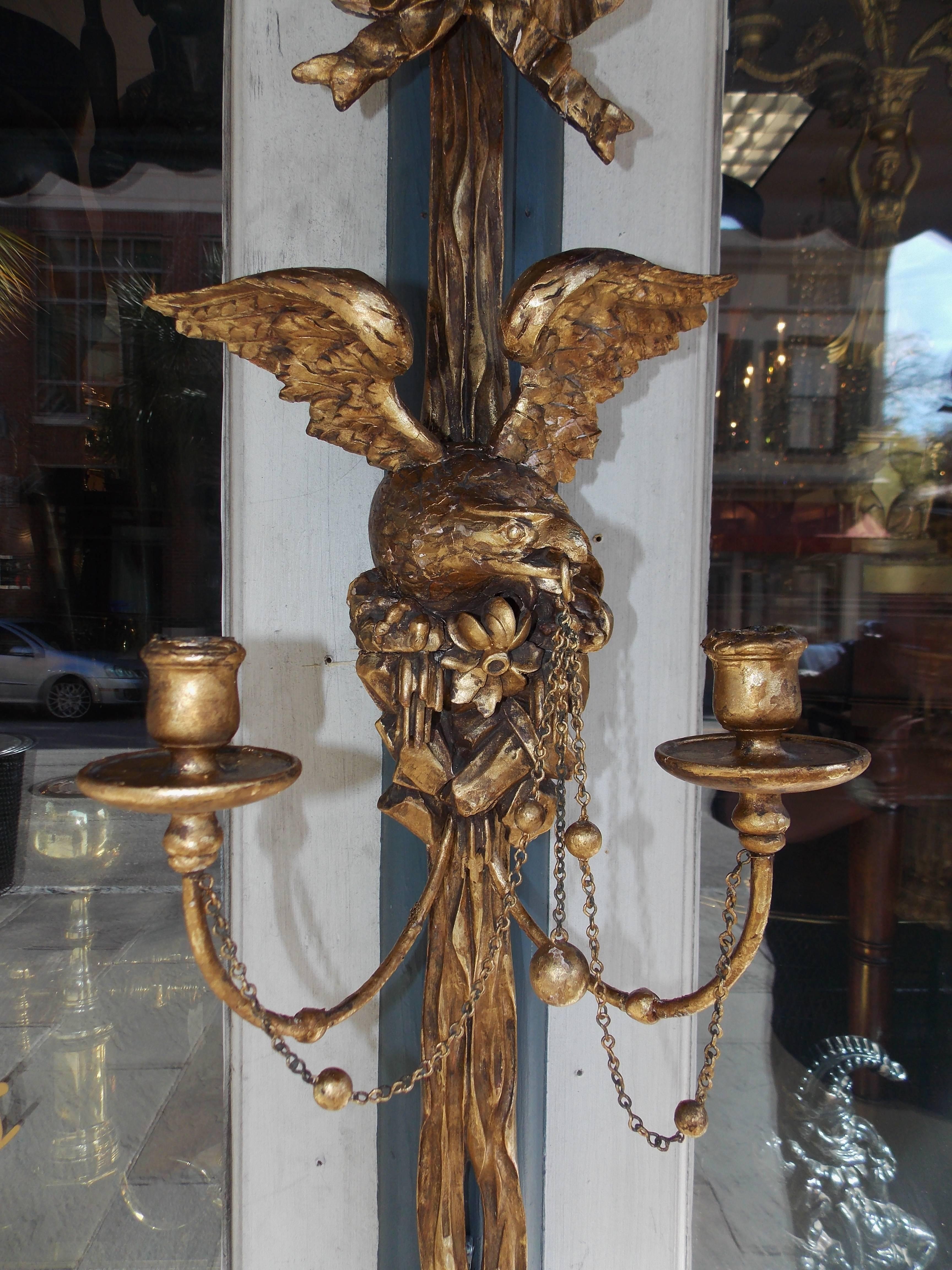 American Colonial Pair of American Gilt Perched Eagle Wall Sconces, Circa 1810