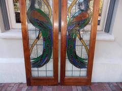 Pair of American Peacock Vibrant Stained Glass Windows, Circa 1920