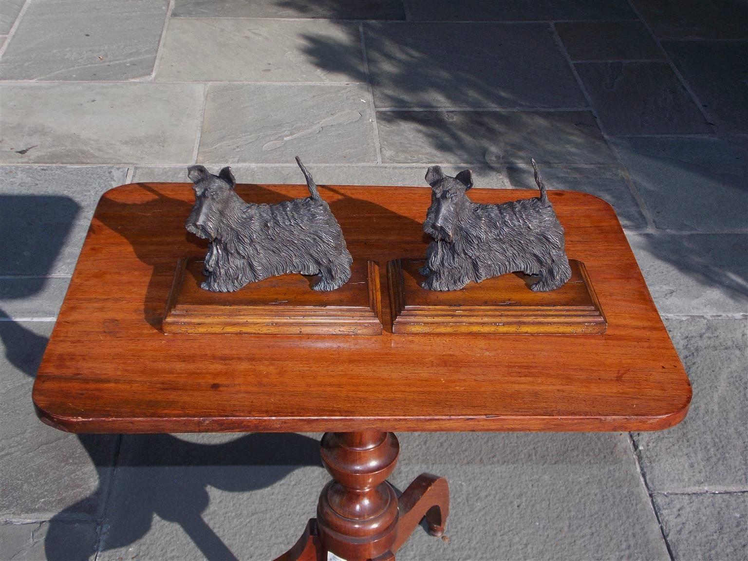 Cast Pair of French Bronze Scottish Terrier Bookends on Walnut Bases, Circa 1850