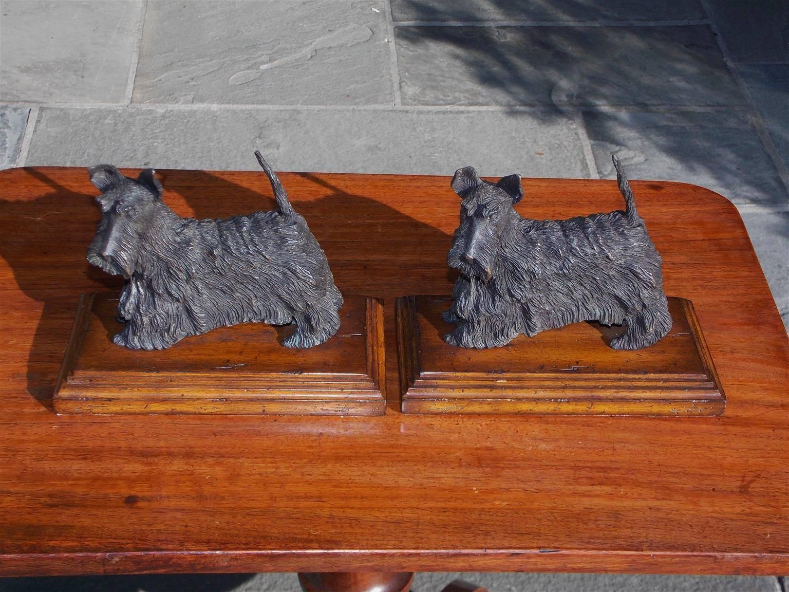 Louis Philippe Pair of French Bronze Scottish Terrier Bookends on Walnut Bases, Circa 1850