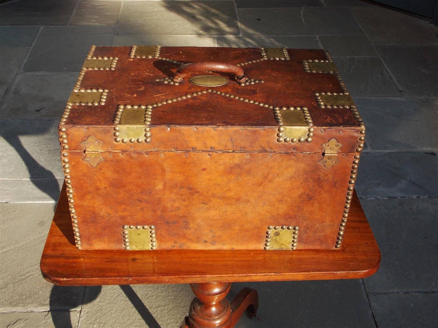 American Leather Brass-Mounted and Studded Wharf Chest, Boston, Circa 1850 2