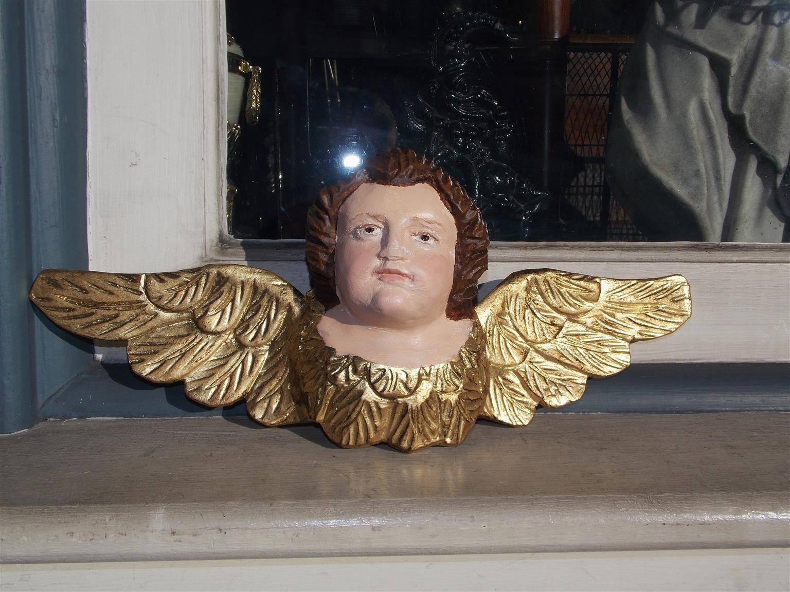 Neoclassical Pair of Italian Gilt Carved Wood and Painted Cherubs , Circa 1820 For Sale