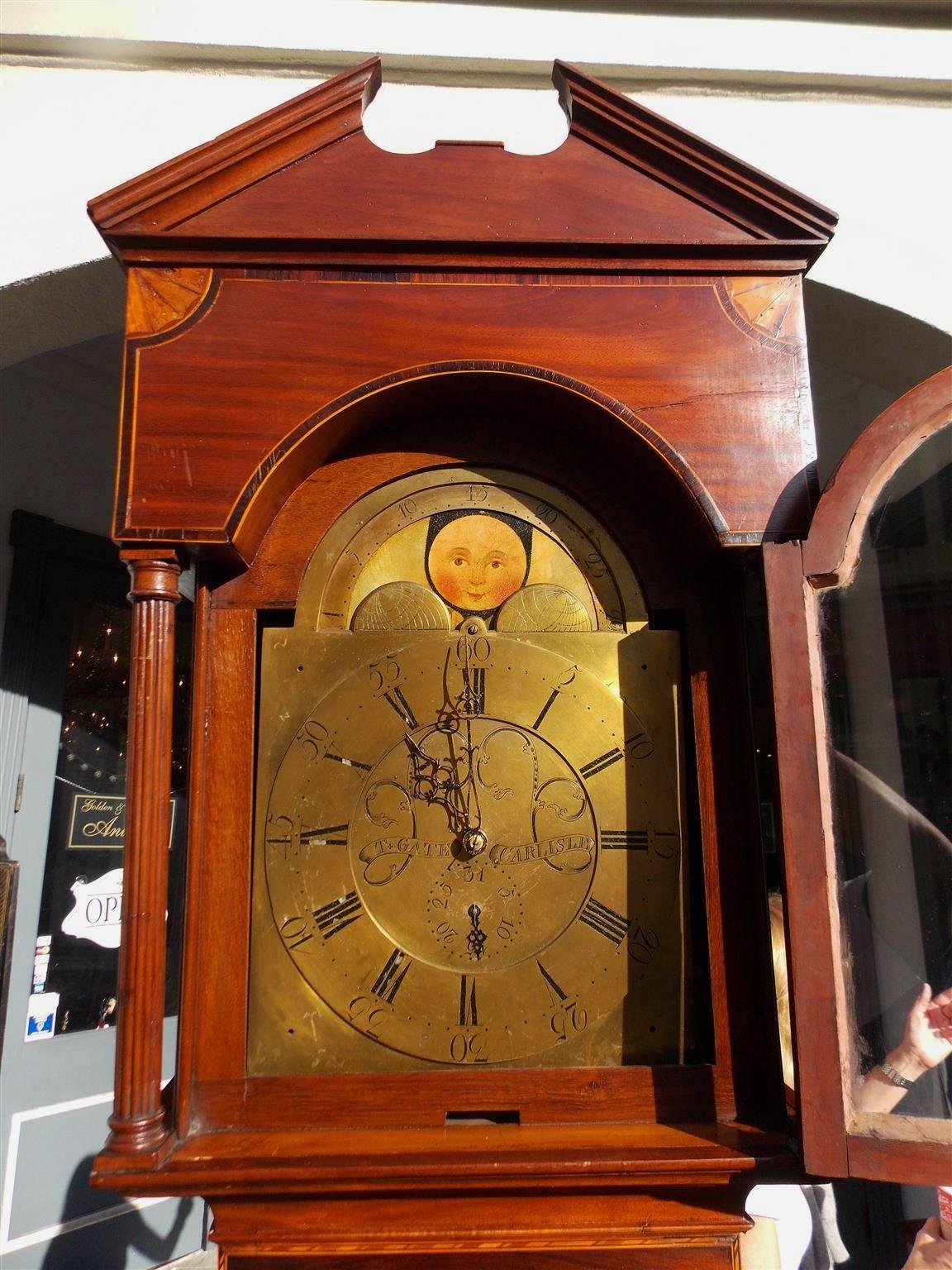 Cast English Mahogany and Satinwood Inlaid Tall Case Clock, Thomas Gate, Circa 1770