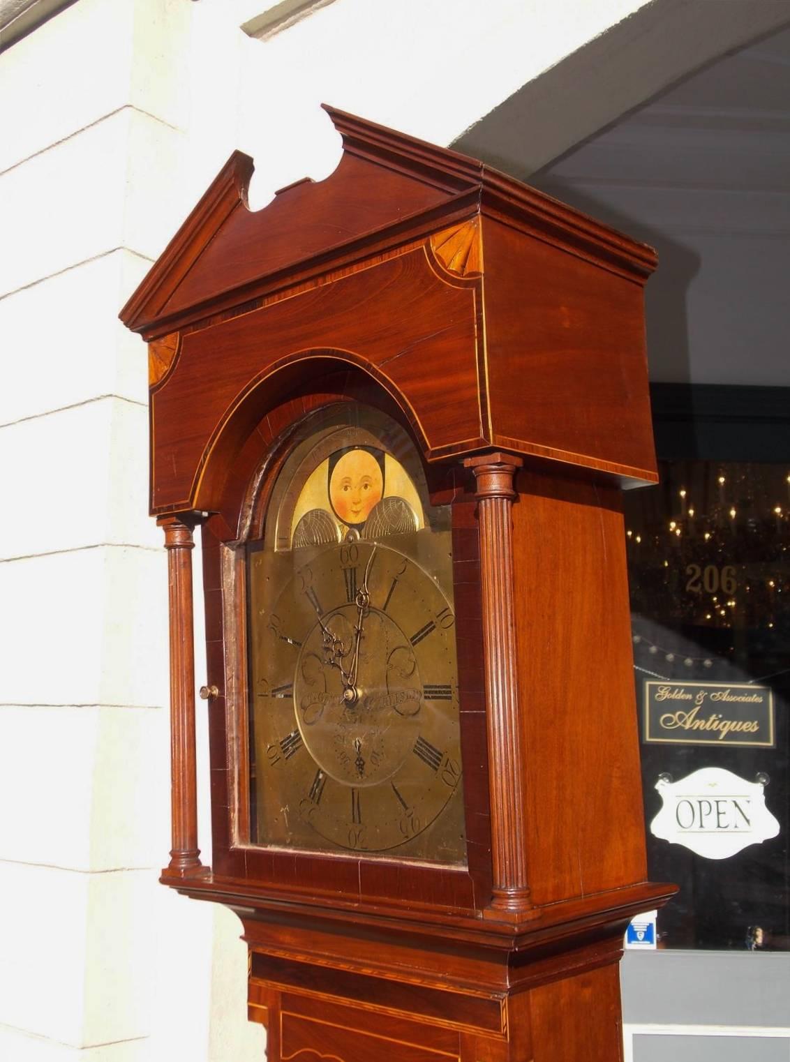 George III English Mahogany and Satinwood Inlaid Tall Case Clock, Thomas Gate, Circa 1770