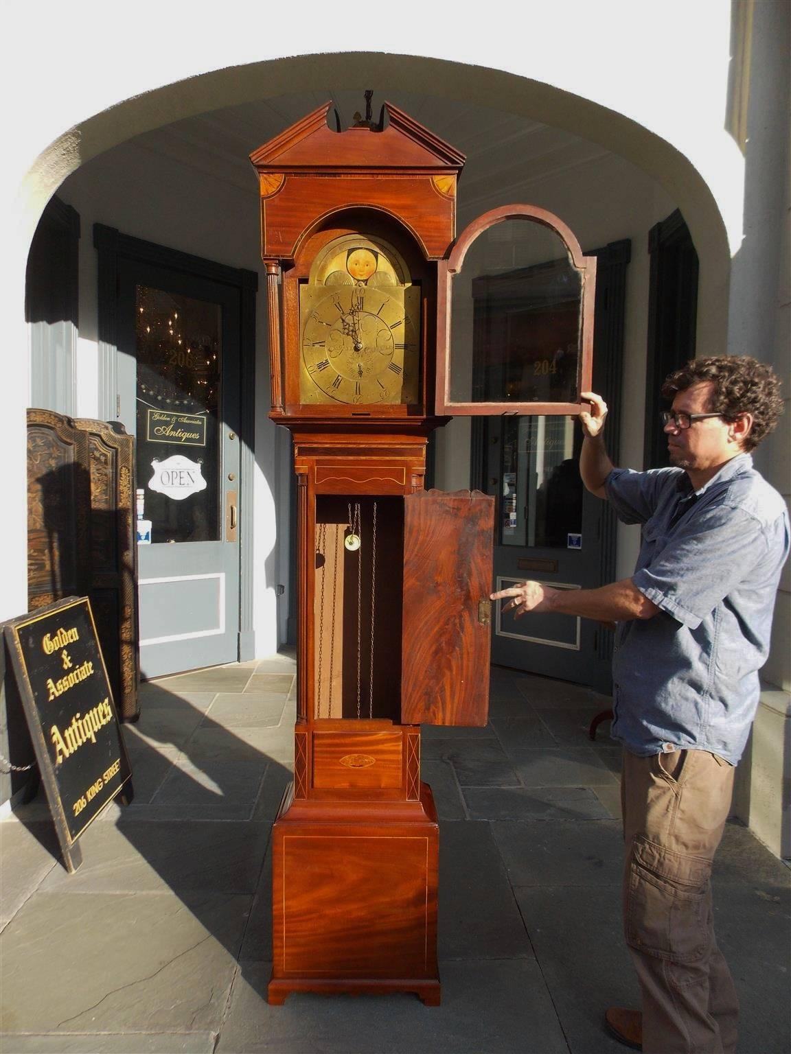 Brass English Mahogany and Satinwood Inlaid Tall Case Clock, Thomas Gate, Circa 1770