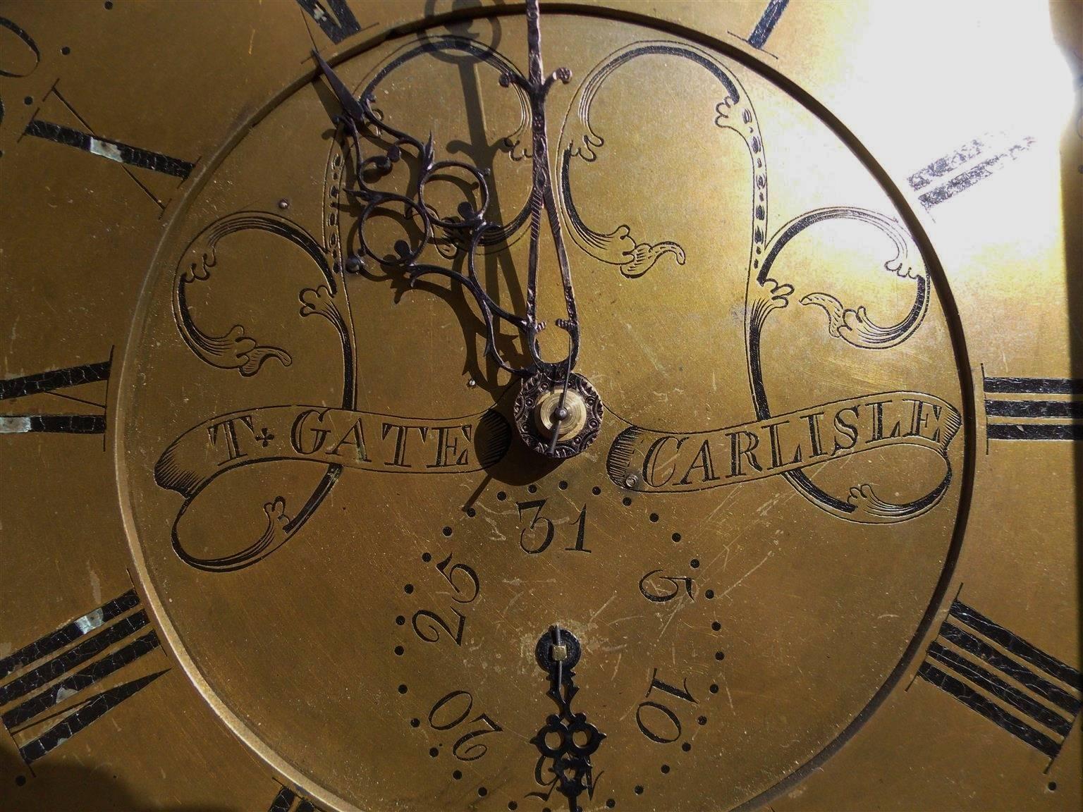 Late 18th Century English Mahogany and Satinwood Inlaid Tall Case Clock, Thomas Gate, Circa 1770