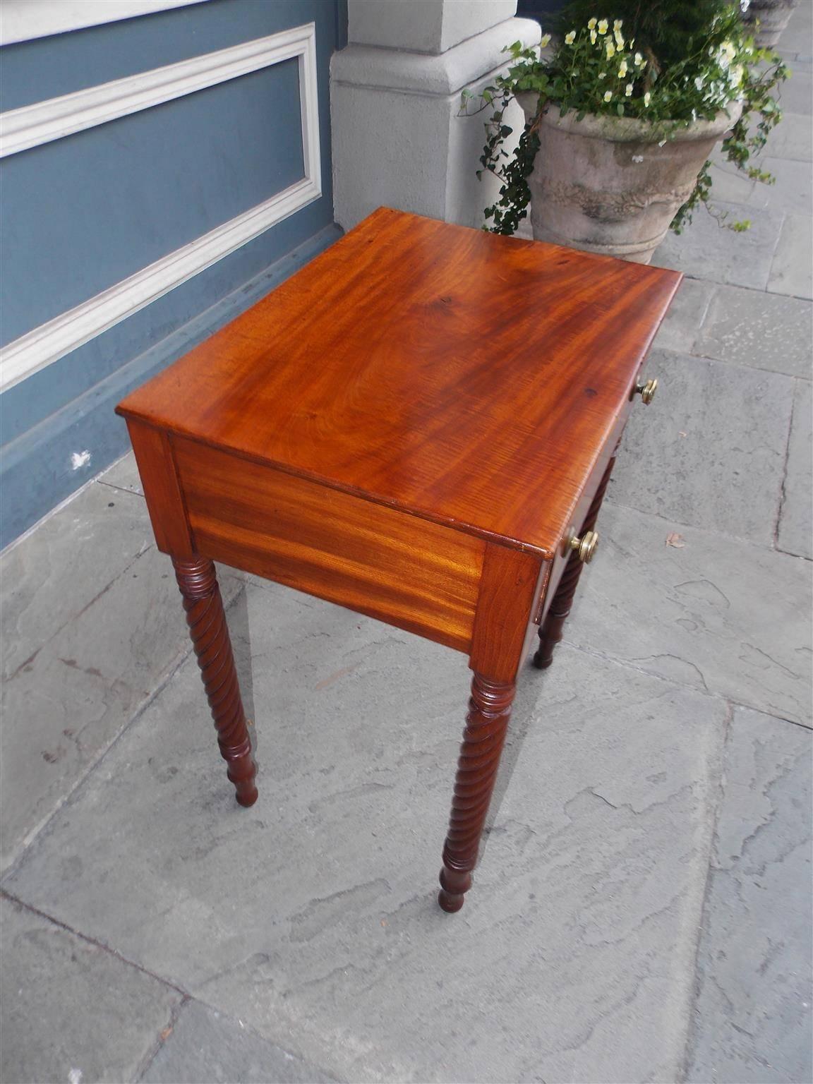 Hand-Carved American Mahogany One Drawer Barley Twist Side Table, Circa 1810 For Sale