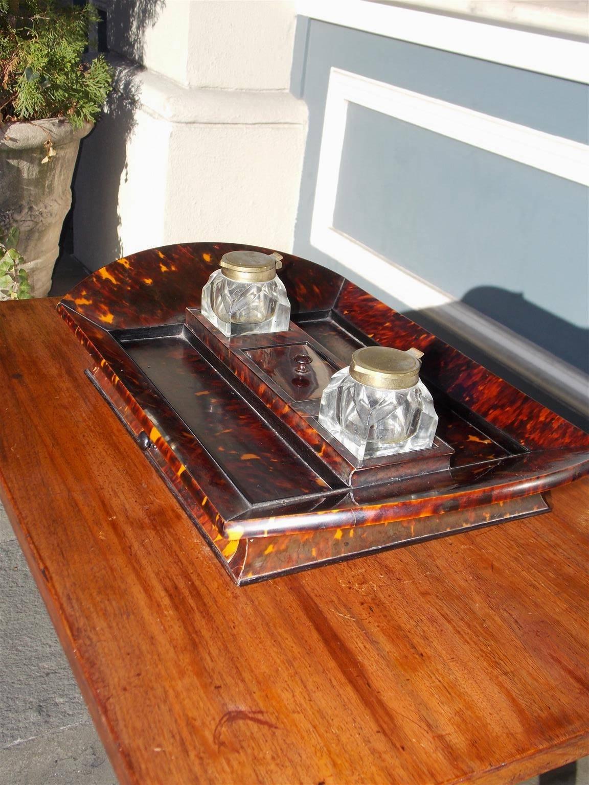 Hand-Crafted English Tortoise Shell Desk Set with Ink Wells, Circa 1820 For Sale
