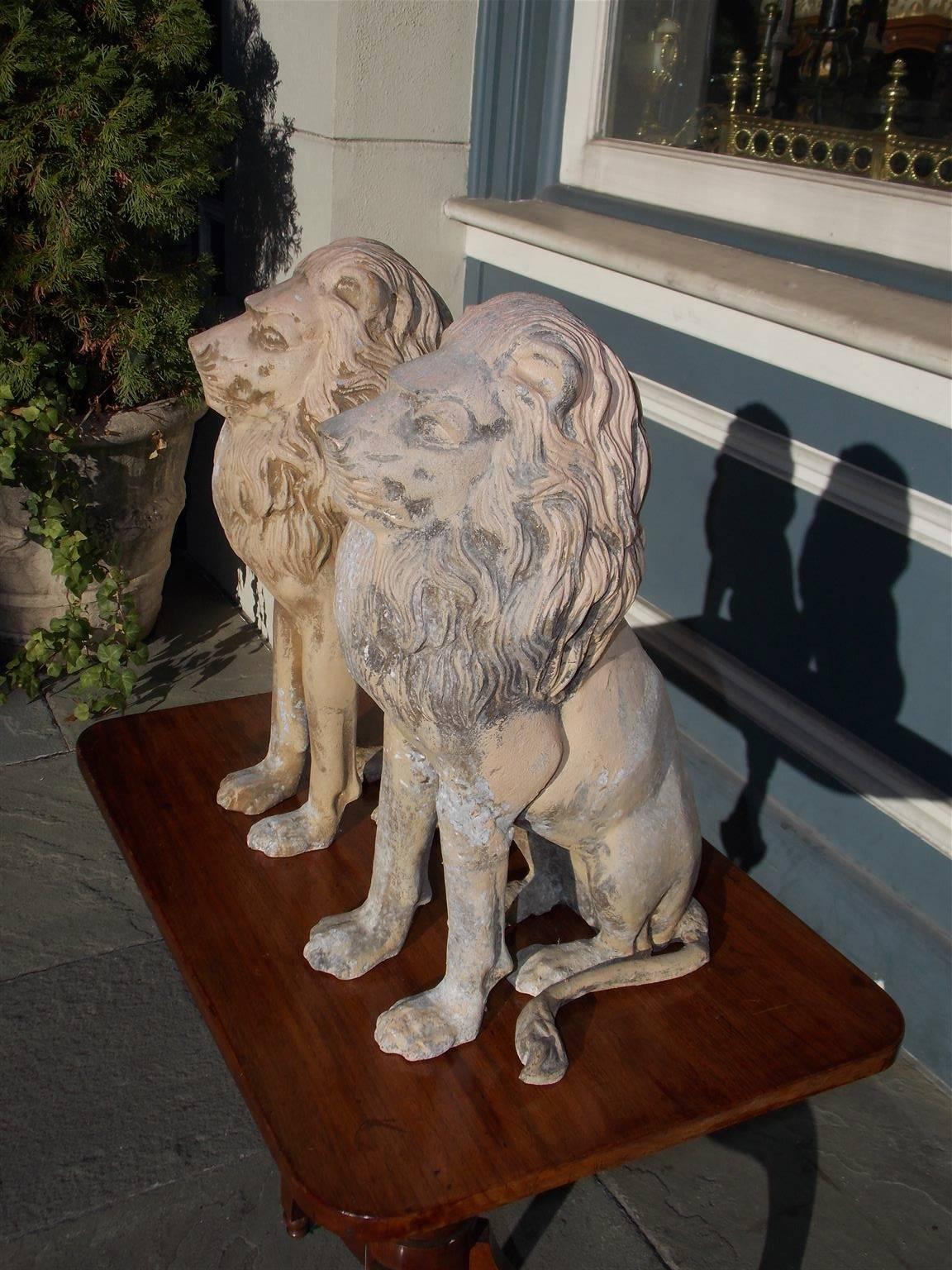 Pair of English Cast Iron Poly Chromed Sitting Lions, Circa 1840 In Excellent Condition In Hollywood, SC