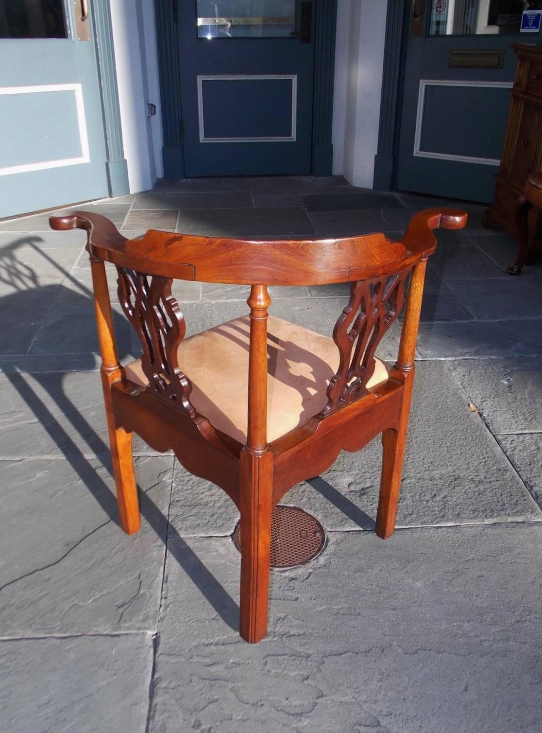 Pine English Chippendale Mahogany Upholstered Corner Chair, Circa 1770