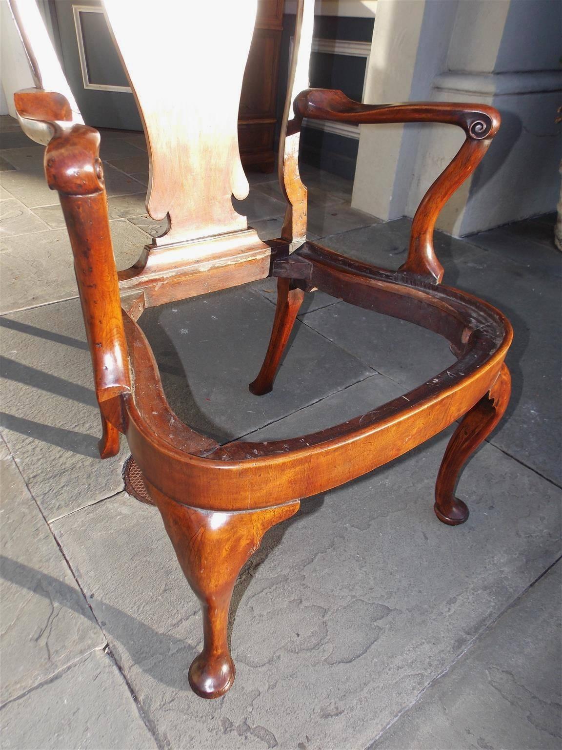 Leather English Queen Anne Burl Walnut Shepard's Crook Armchair, Circa 1740