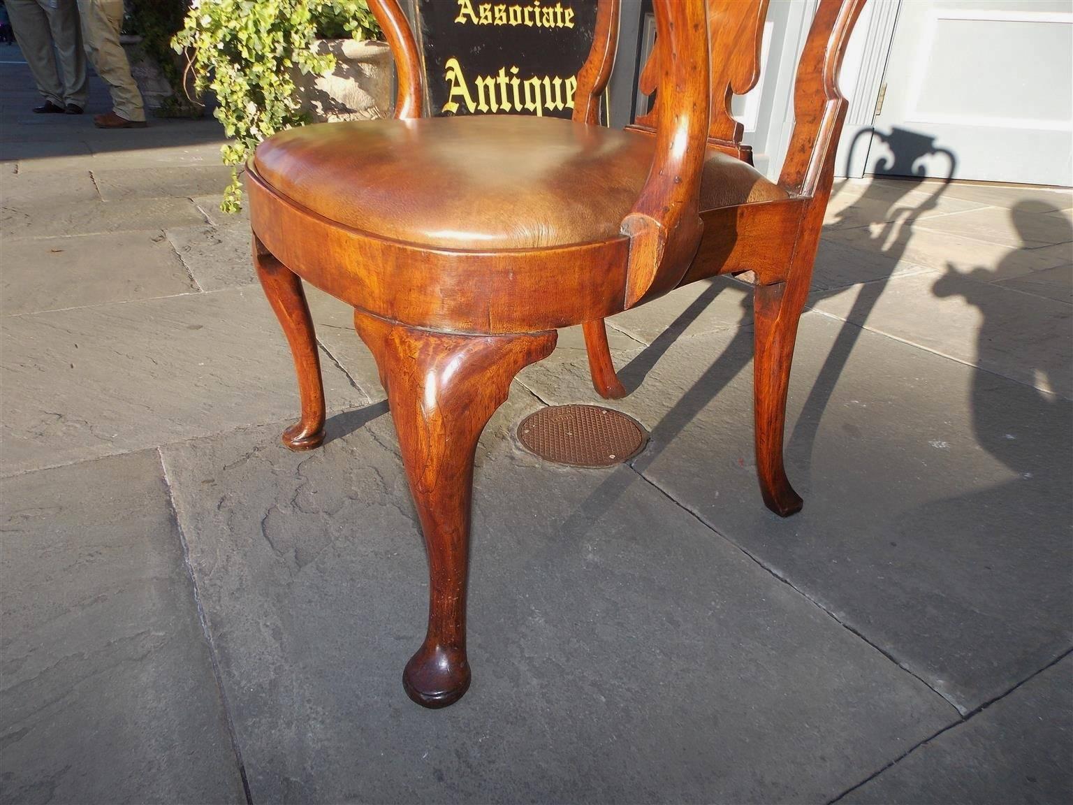 Hand-Carved English Queen Anne Burl Walnut Shepard's Crook Armchair, Circa 1740