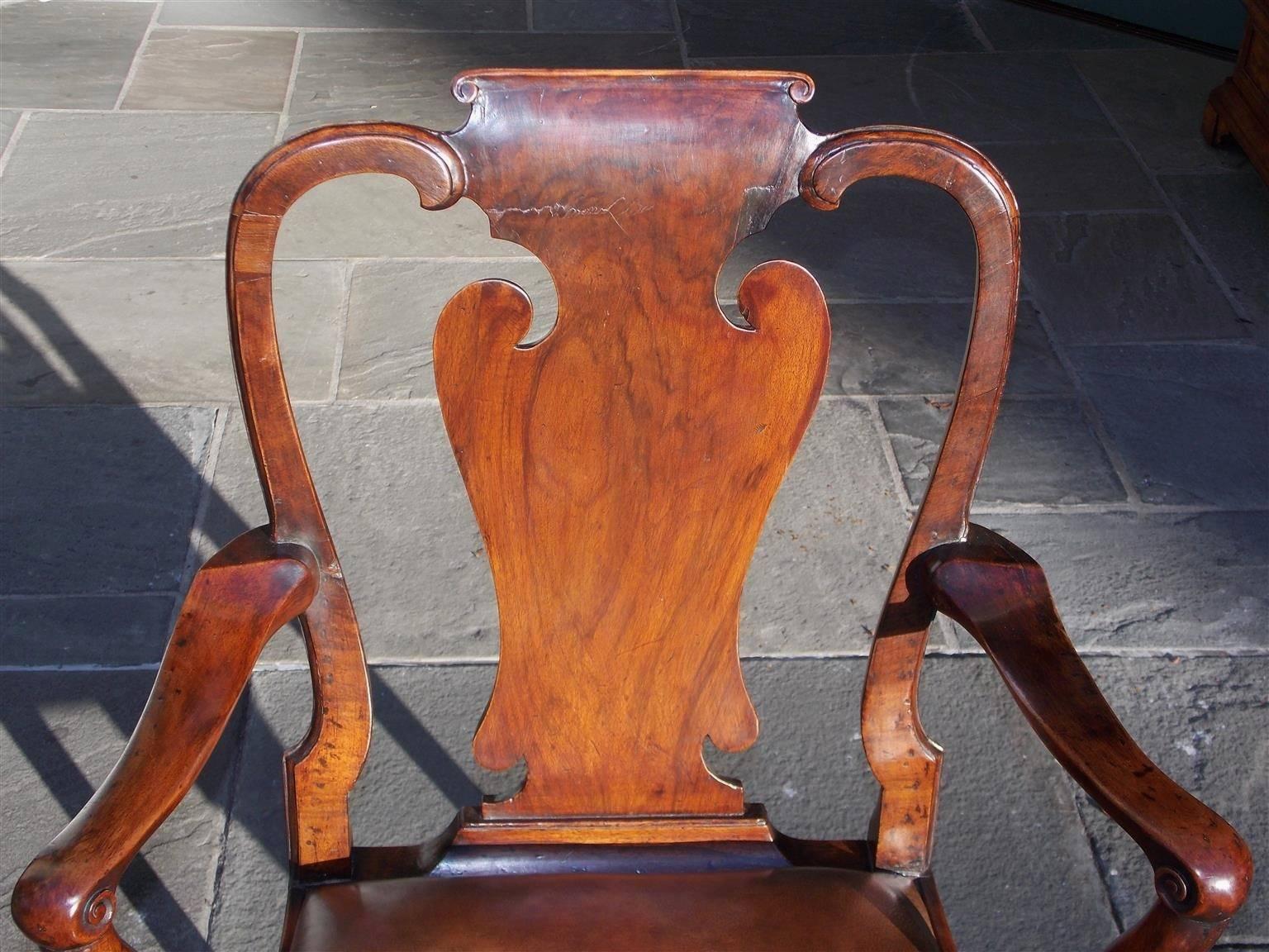 Mid-18th Century English Queen Anne Burl Walnut Shepard's Crook Armchair, Circa 1740