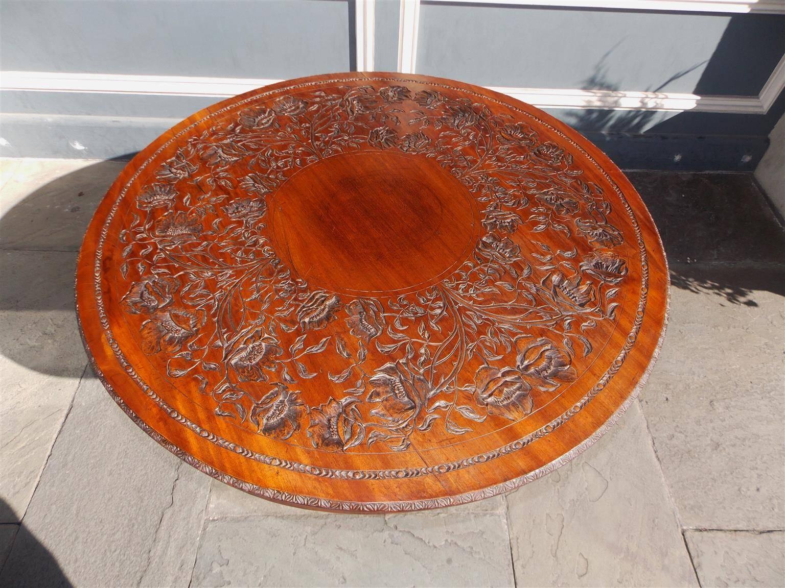 George III English Mahogany Decorative Carved Hibiscus Centre Table, Circa 1815 For Sale