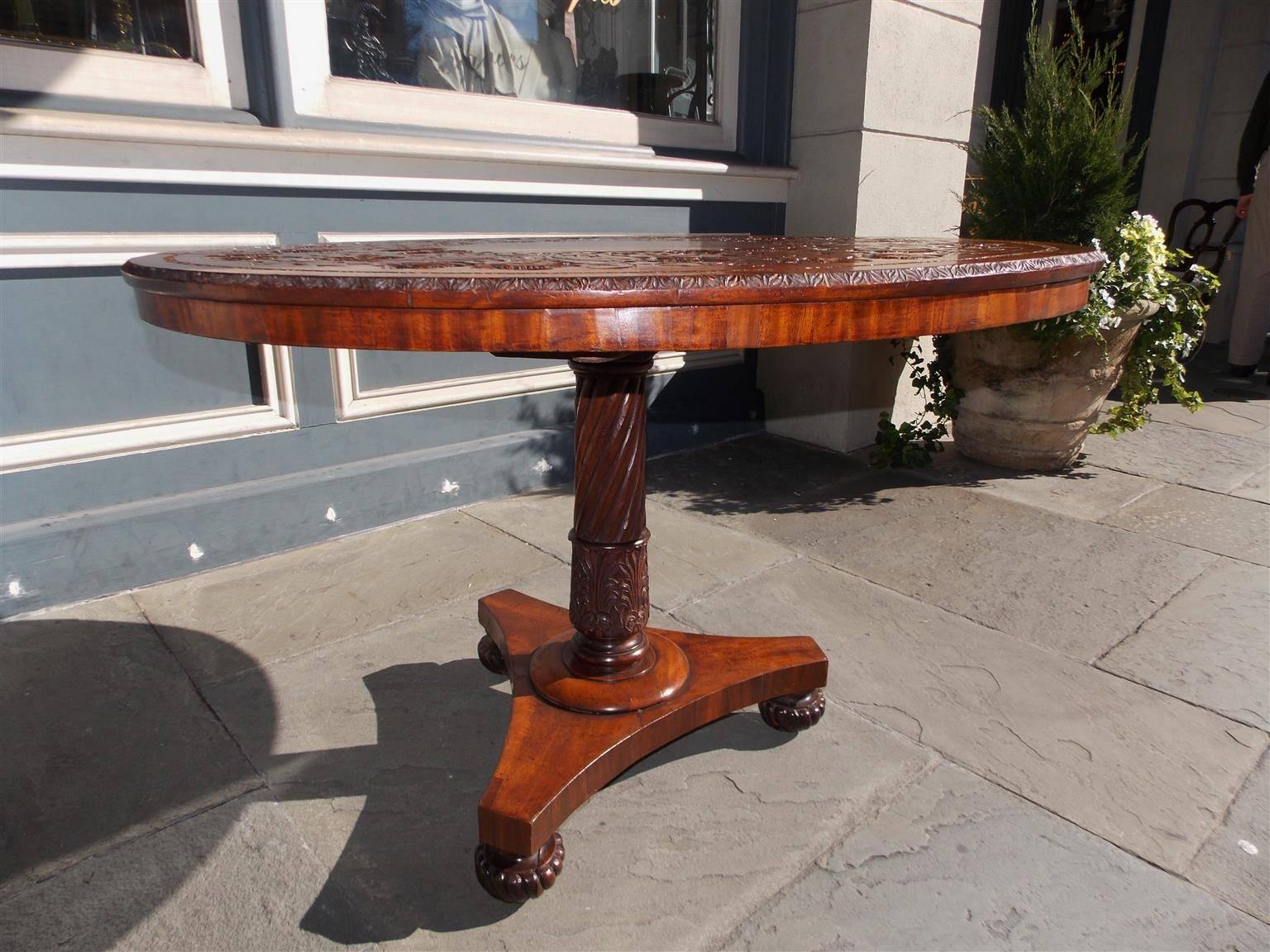 Hand-Carved English Mahogany Decorative Carved Hibiscus Centre Table, Circa 1815 For Sale