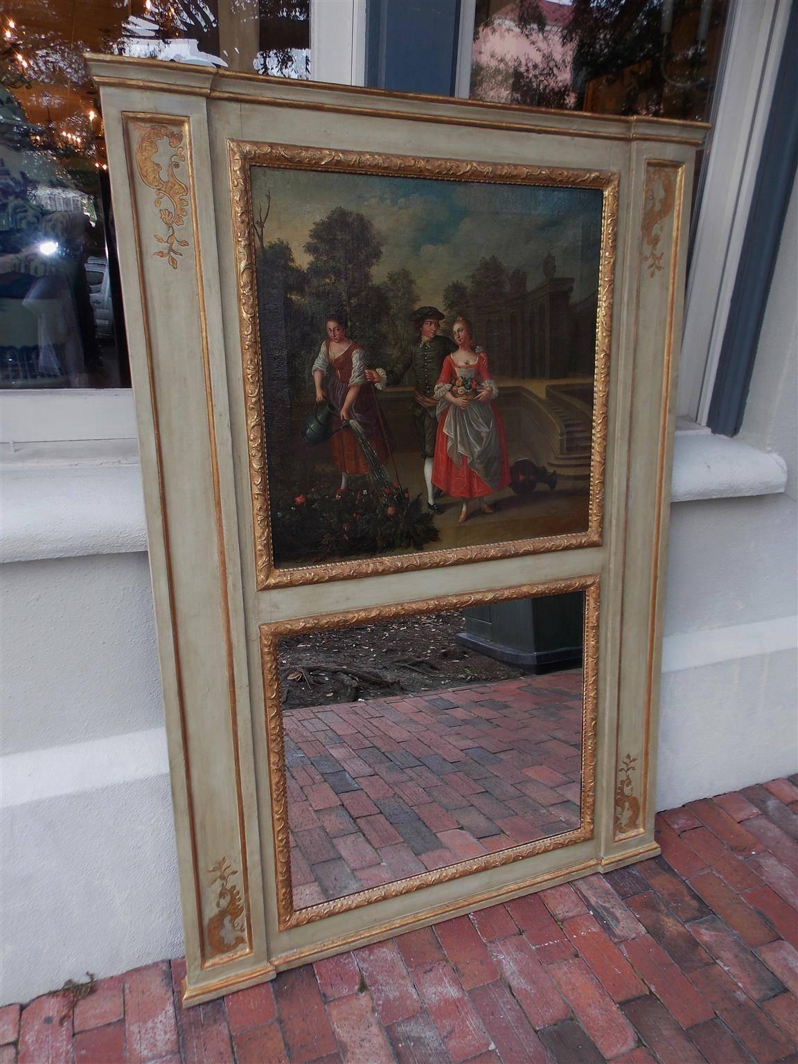 French painted and gilt trumeau mirror with carved molded edge cornice, flanking floral motif, upper figural and landscape oil on canvas, original lower mirror, resting on a carved molded edge base. Mirror retains the original glass and wood