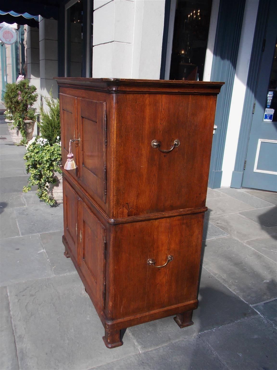 Hand-Carved English Oak Military Campaign Two-Piece Cabinet, Circa 1800