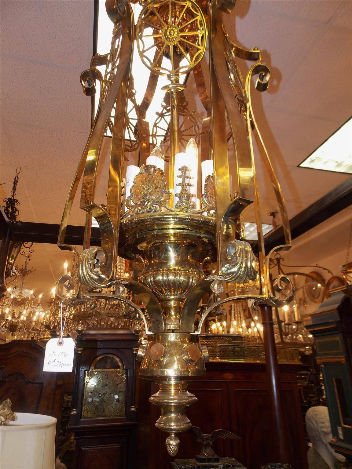 Cast American Monumental Brass Medallion Hanging Lantern, New York, Circa 1870 For Sale