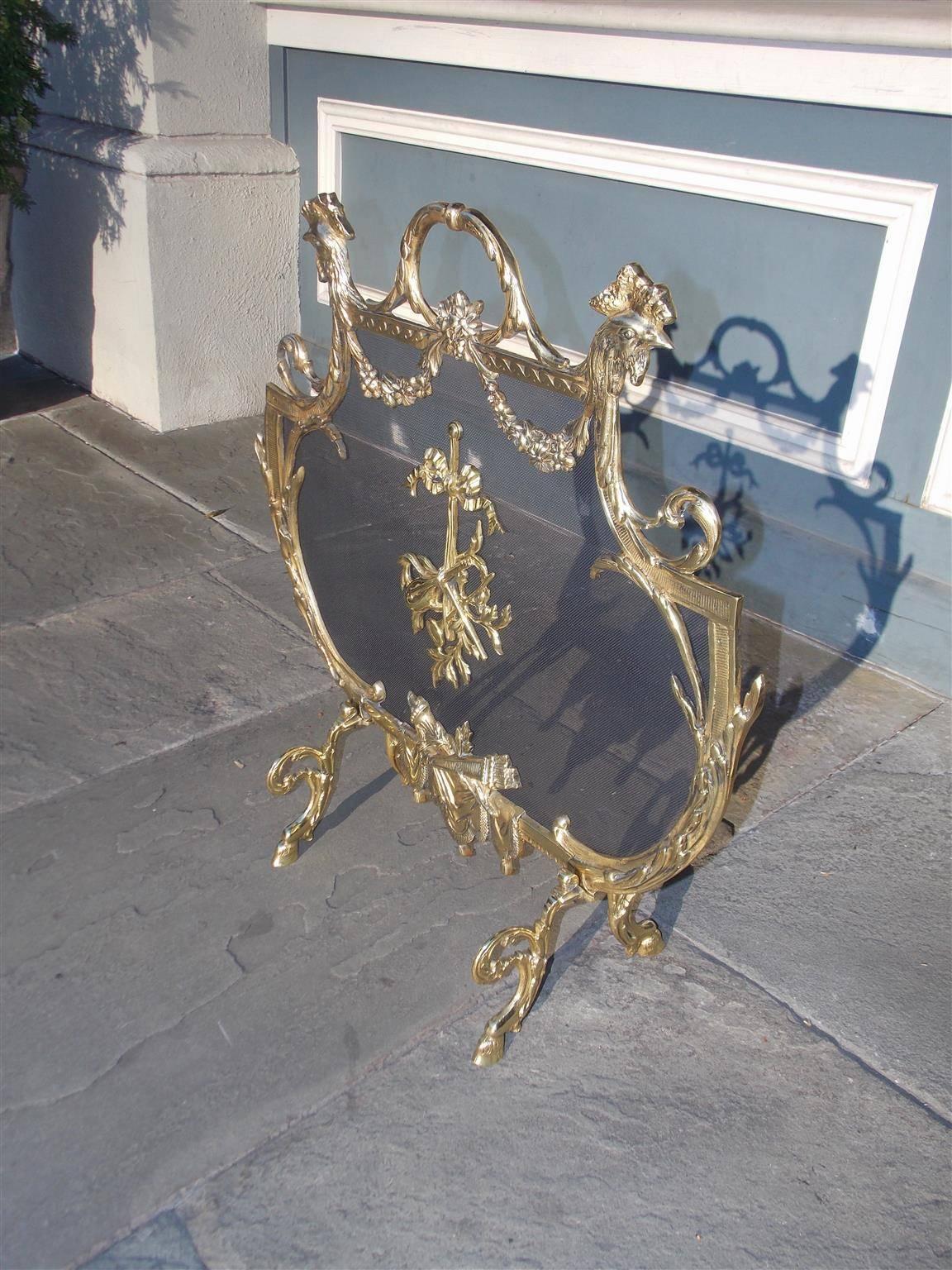 Cast French Brass Rooster and Foliage Fire Screen, Circa 1830 For Sale
