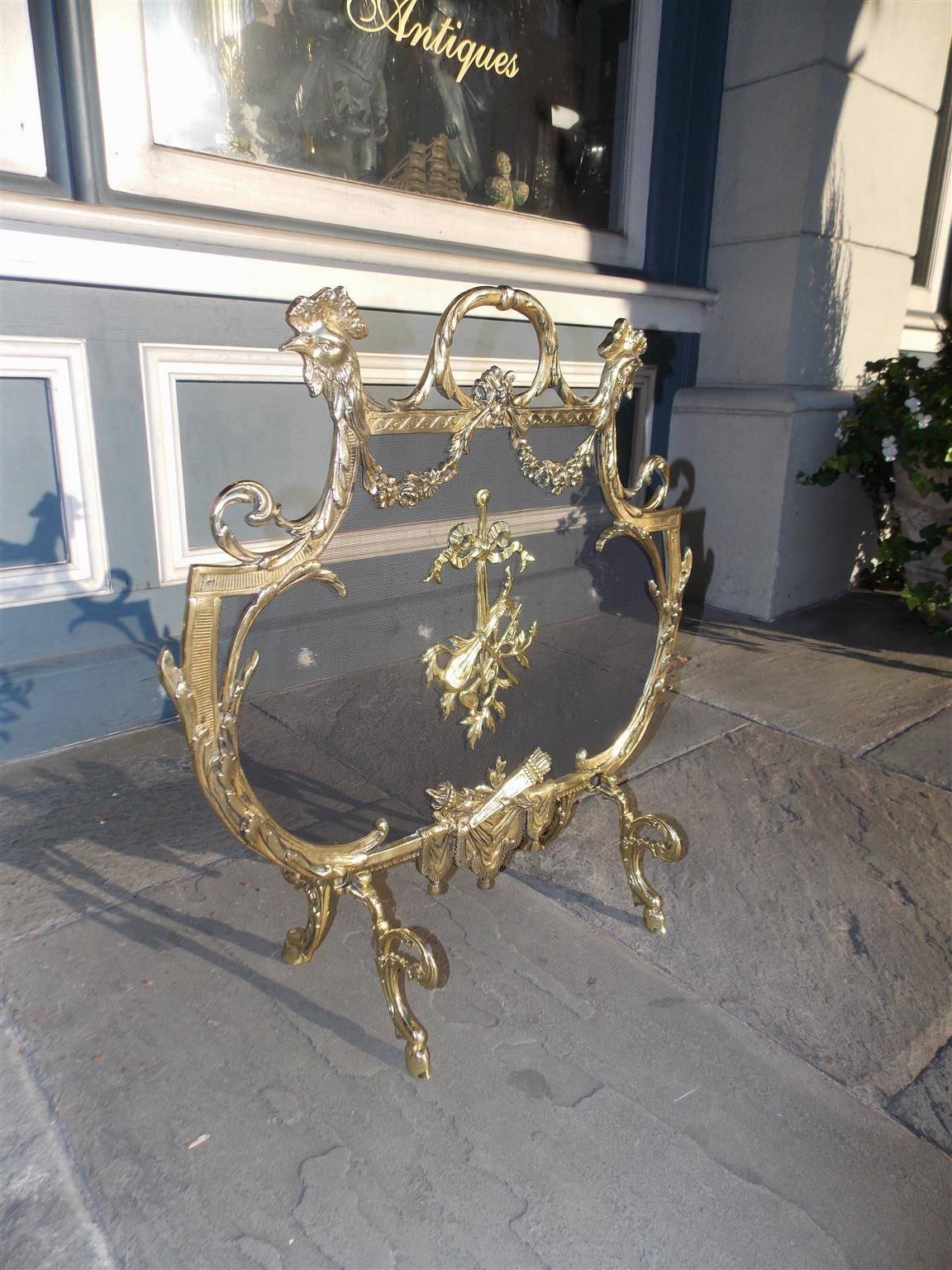 Louis Philippe French Brass Rooster and Foliage Fire Screen, Circa 1830 For Sale