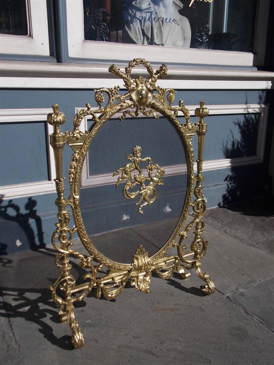 Louis Philippe French Gilt Bronze Cherub and Decorative Floral Acanthus Firescreen, Circa 1830 For Sale