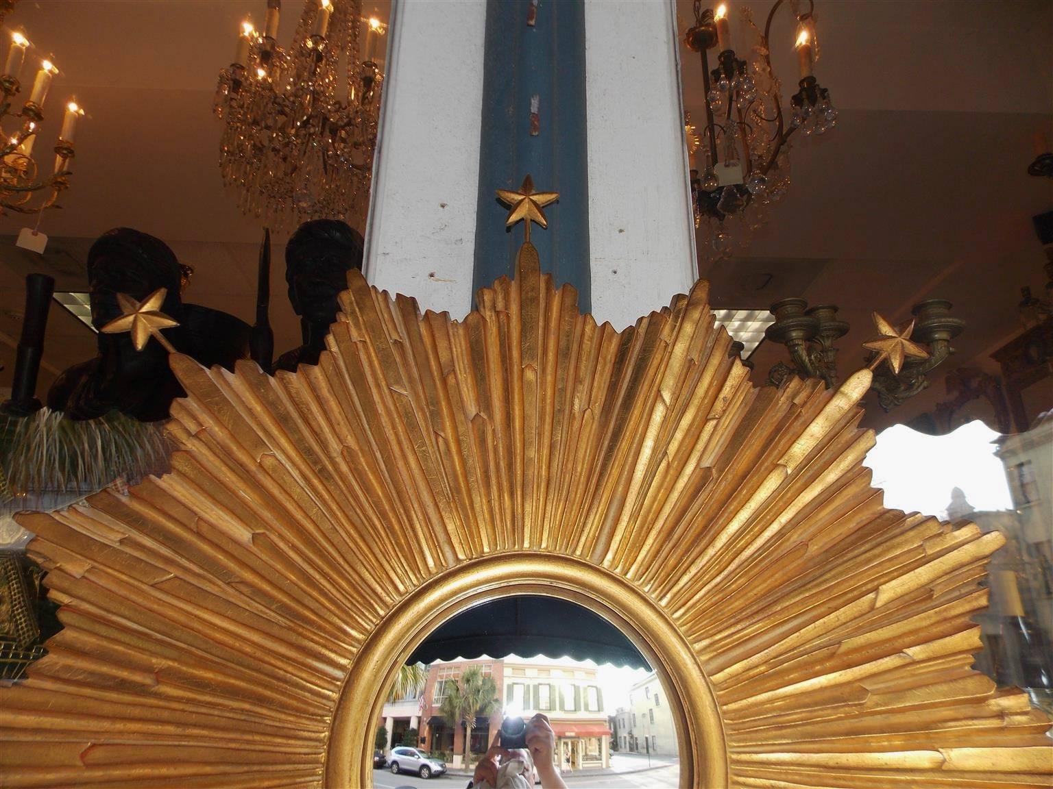 American Gilt Carved Wood Sunburst and Stars Convex Mirror, 20th Century In Excellent Condition In Hollywood, SC