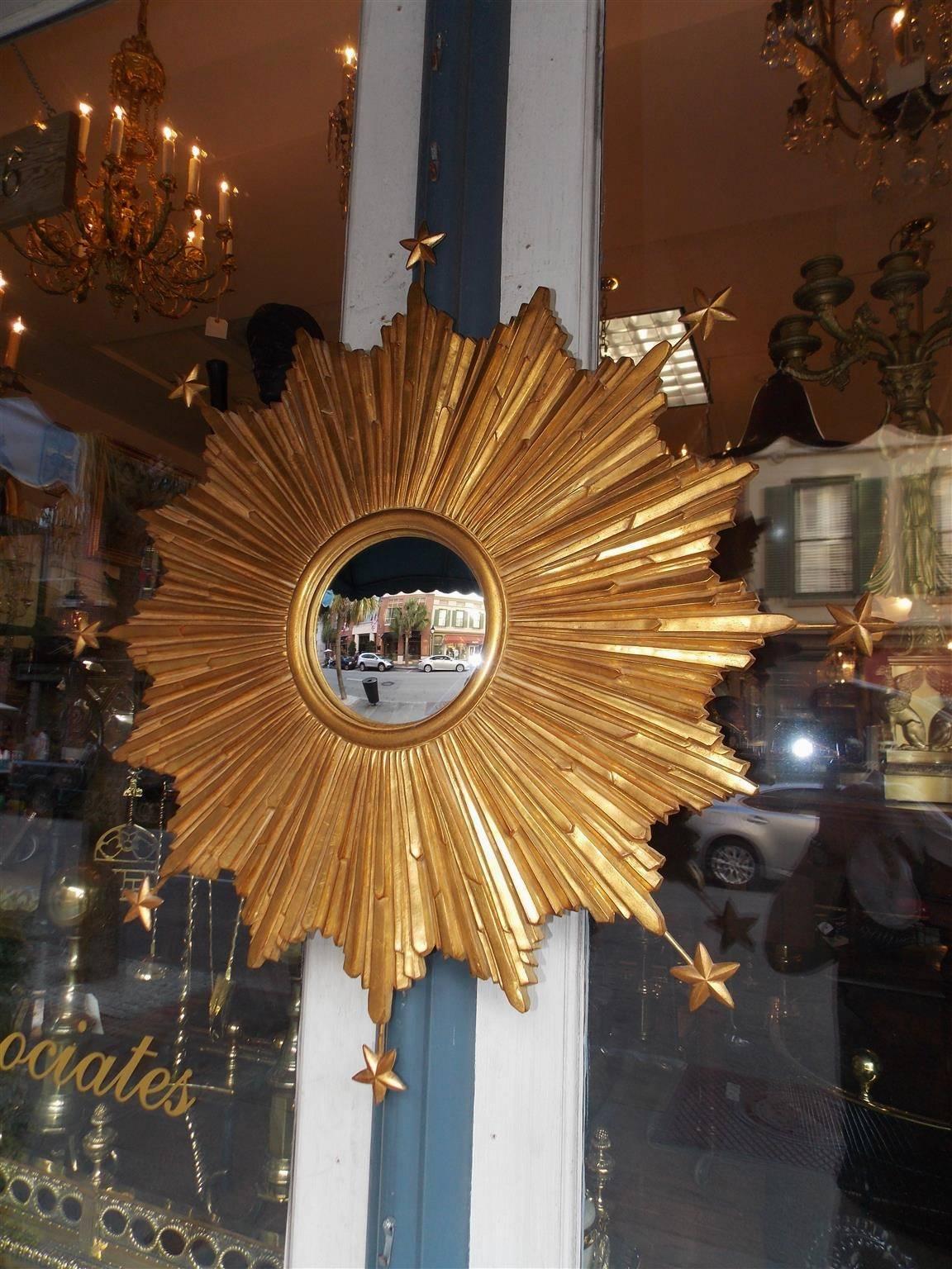 Hand-Carved American Gilt Carved Wood Sunburst and Stars Convex Mirror, 20th Century