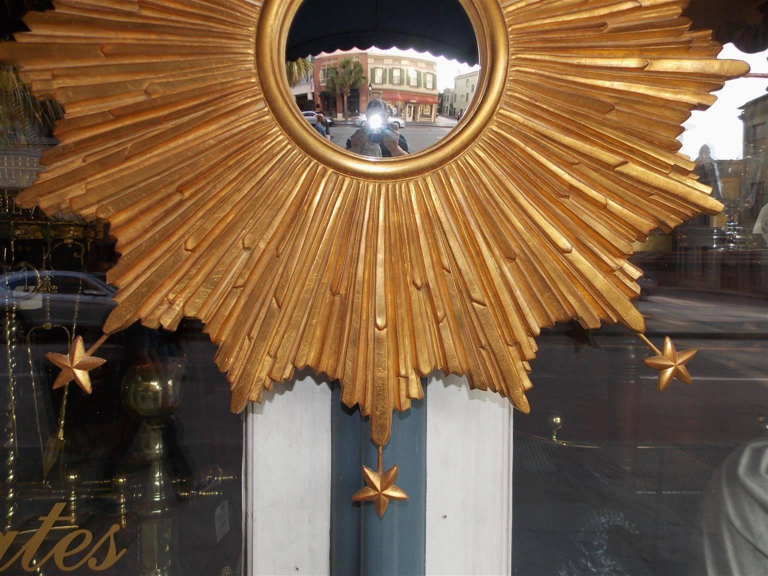Glass American Gilt Carved Wood Sunburst and Stars Convex Mirror, 20th Century