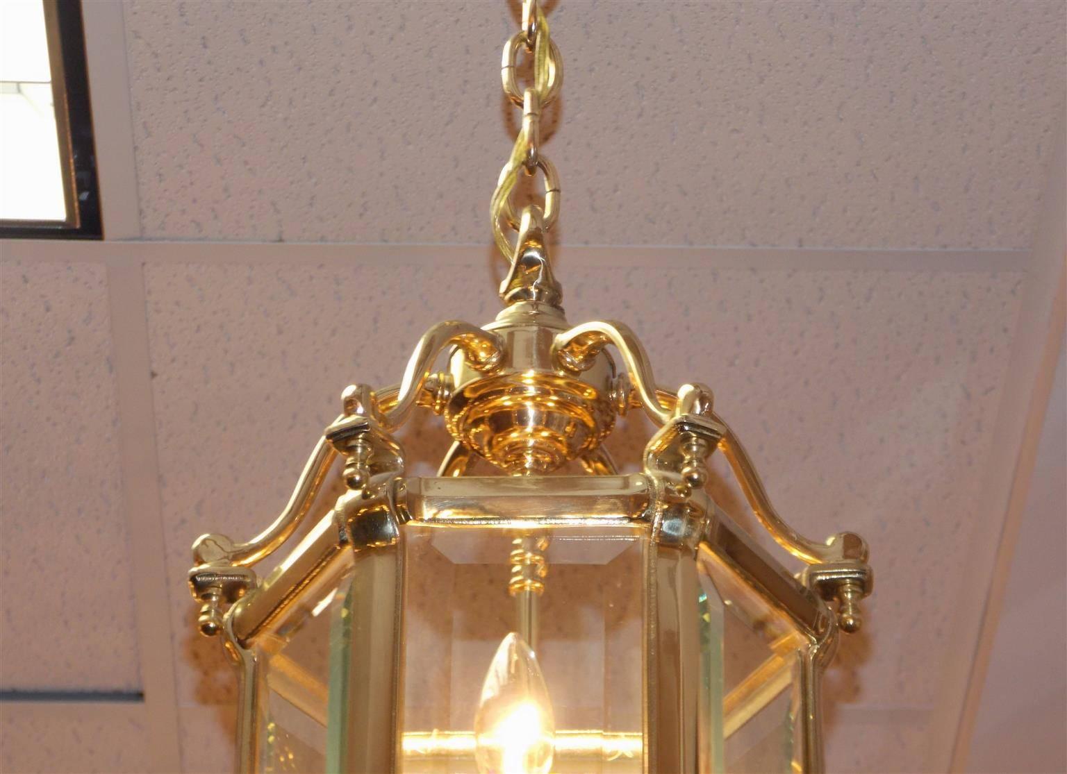 Cast American Brass Hexagon Beveled Glass Hall Lantern, Circa 1870