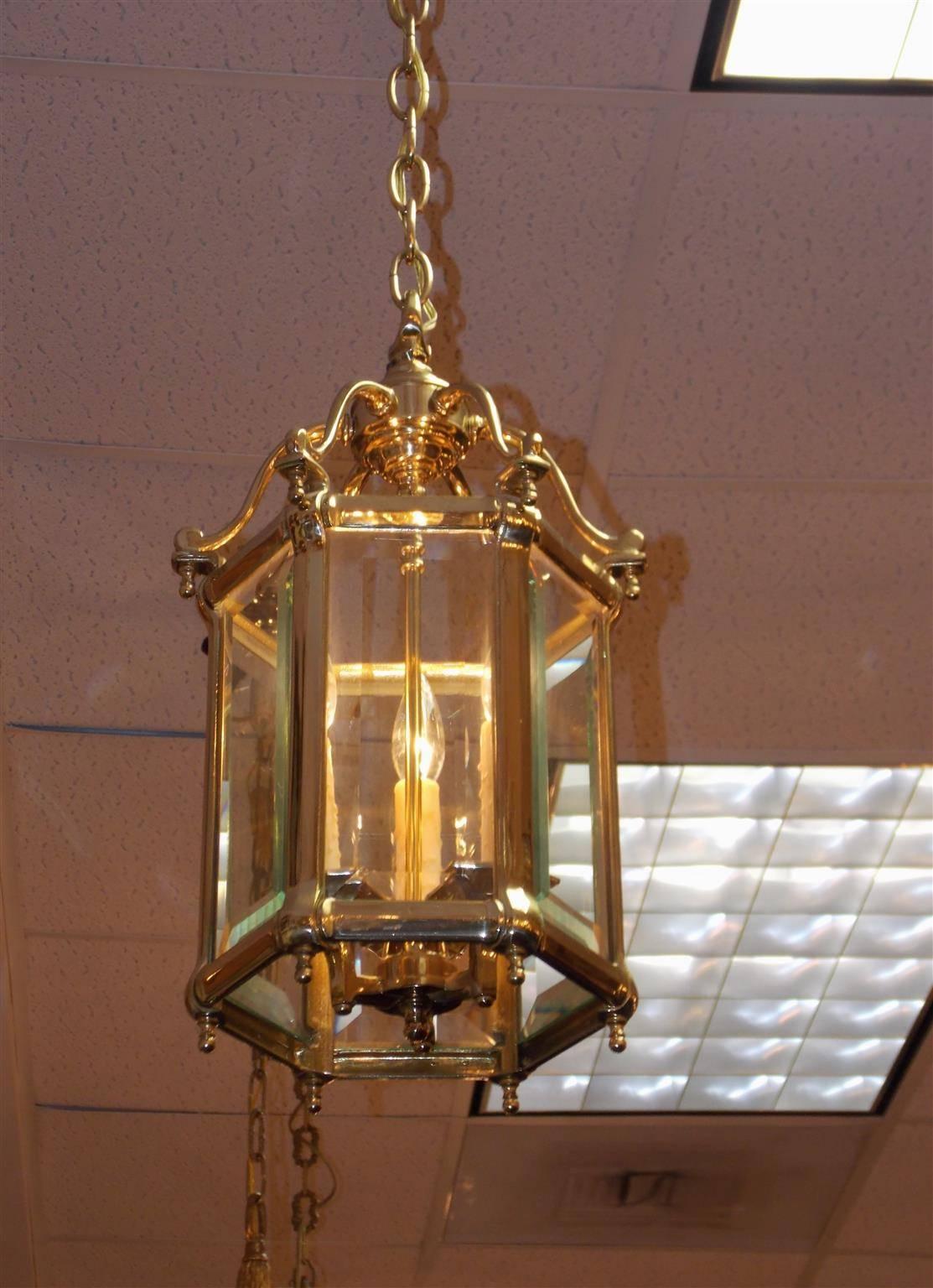 American Empire American Brass Hexagon Beveled Glass Hall Lantern, Circa 1870