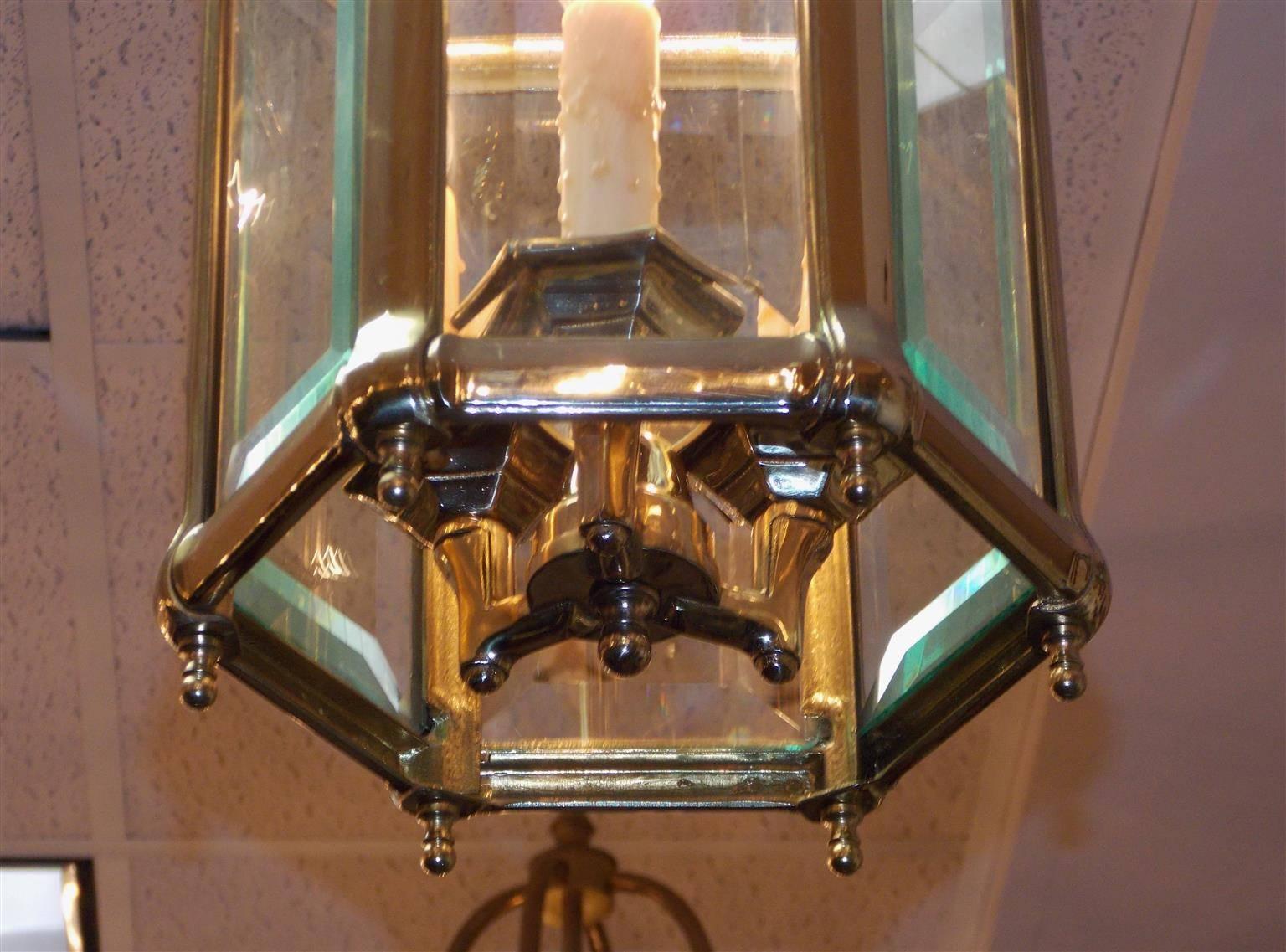American Brass Hexagon Beveled Glass Hall Lantern, Circa 1870 In Excellent Condition In Hollywood, SC