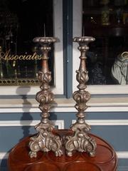 Pair of Italian Carved Wood and Silver Gilt Floral Prickets, Circa 1750