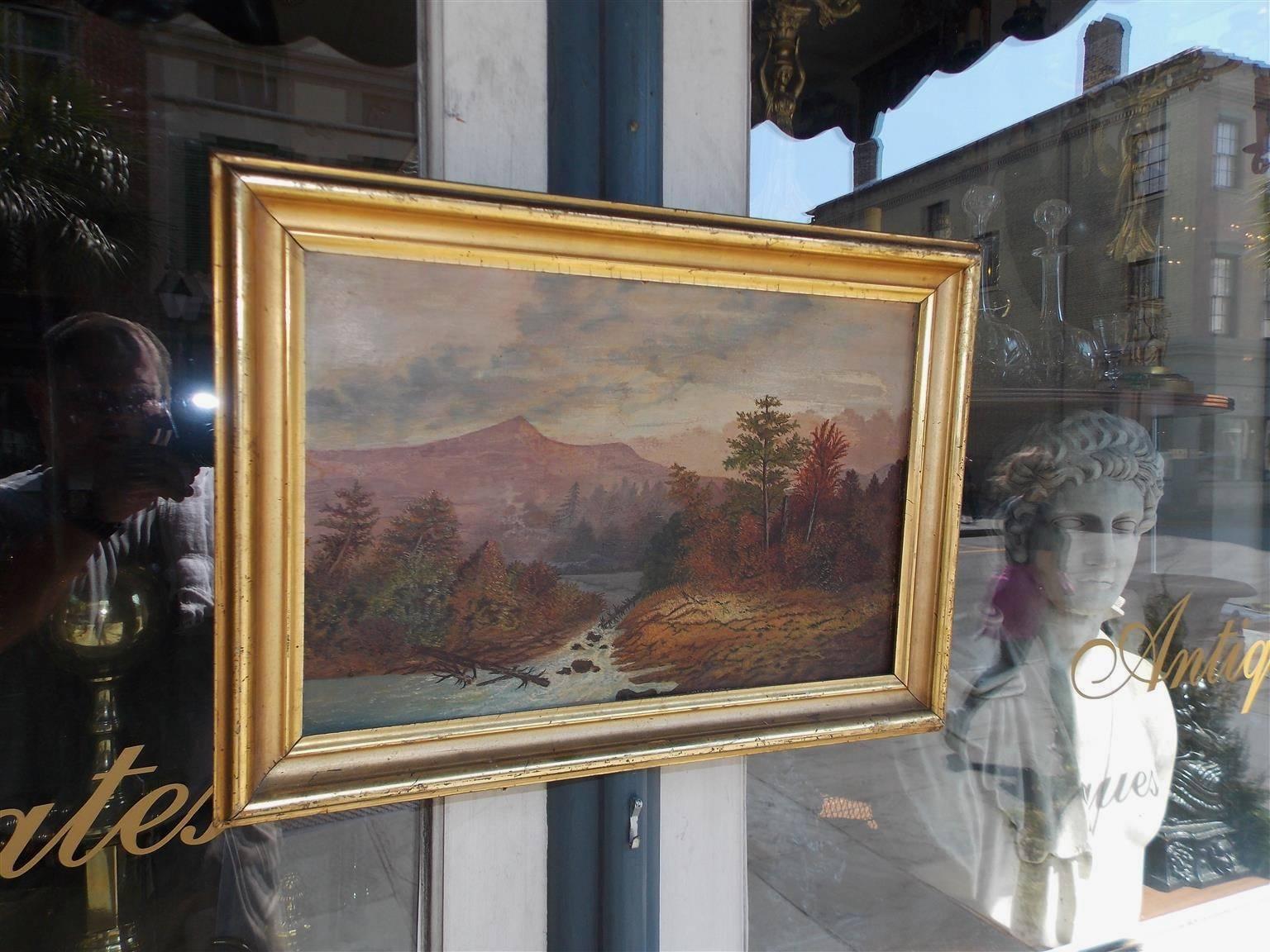 Classique américain Paysage américain encadré à l'huile sur panneau de l'Académie, vallée de l'Hudson, vers 1820 en vente