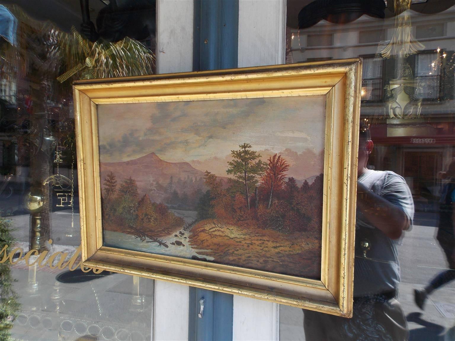 Gilt American Oil Framed Landscape on Academy Board, Hudson Valley, Circa 1820 For Sale