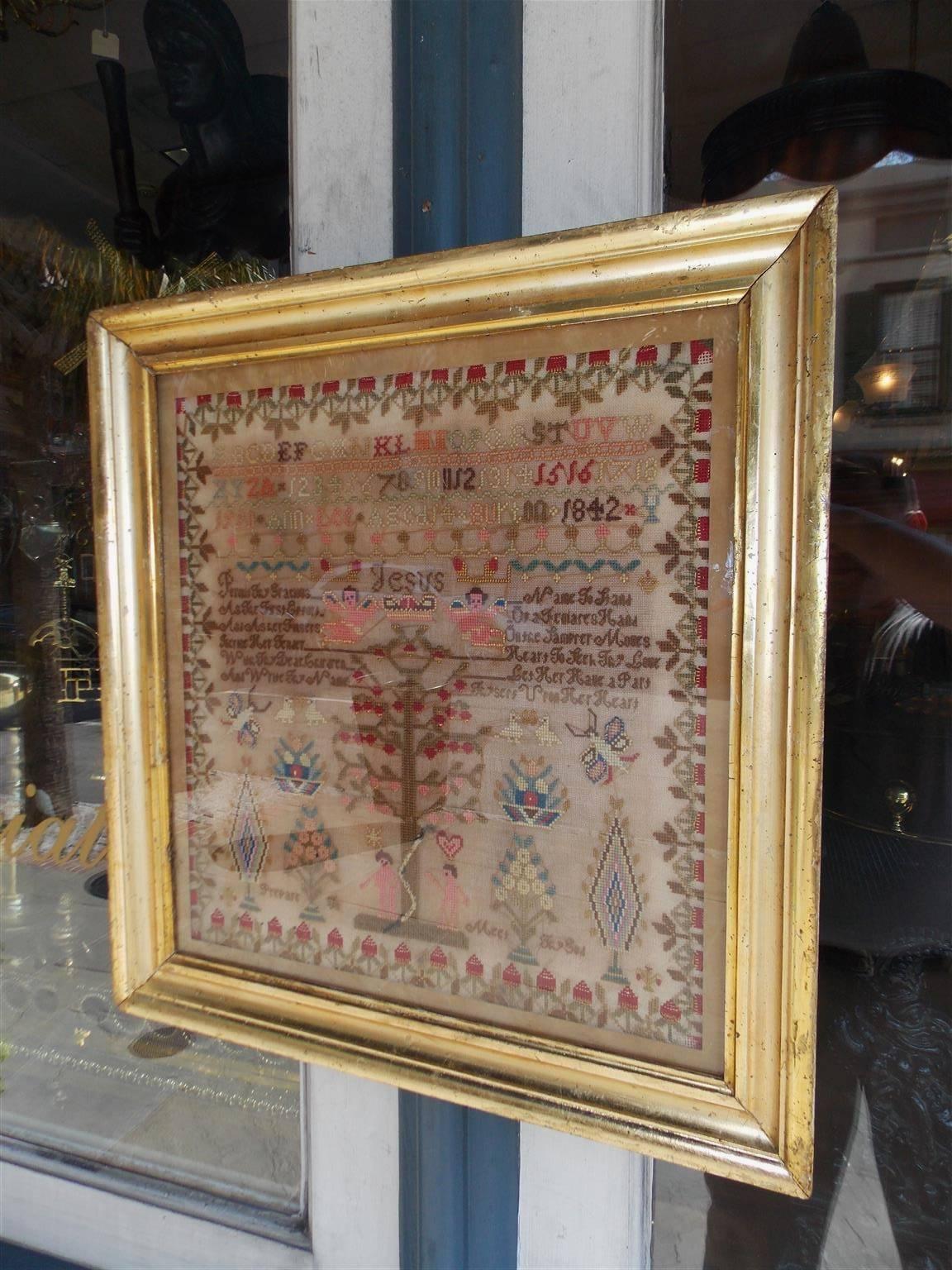 Empire américain Echantillon de tapisserie à l'aiguille américaine avec cadre doré, Arbre de connaissance, environ 1842 en vente