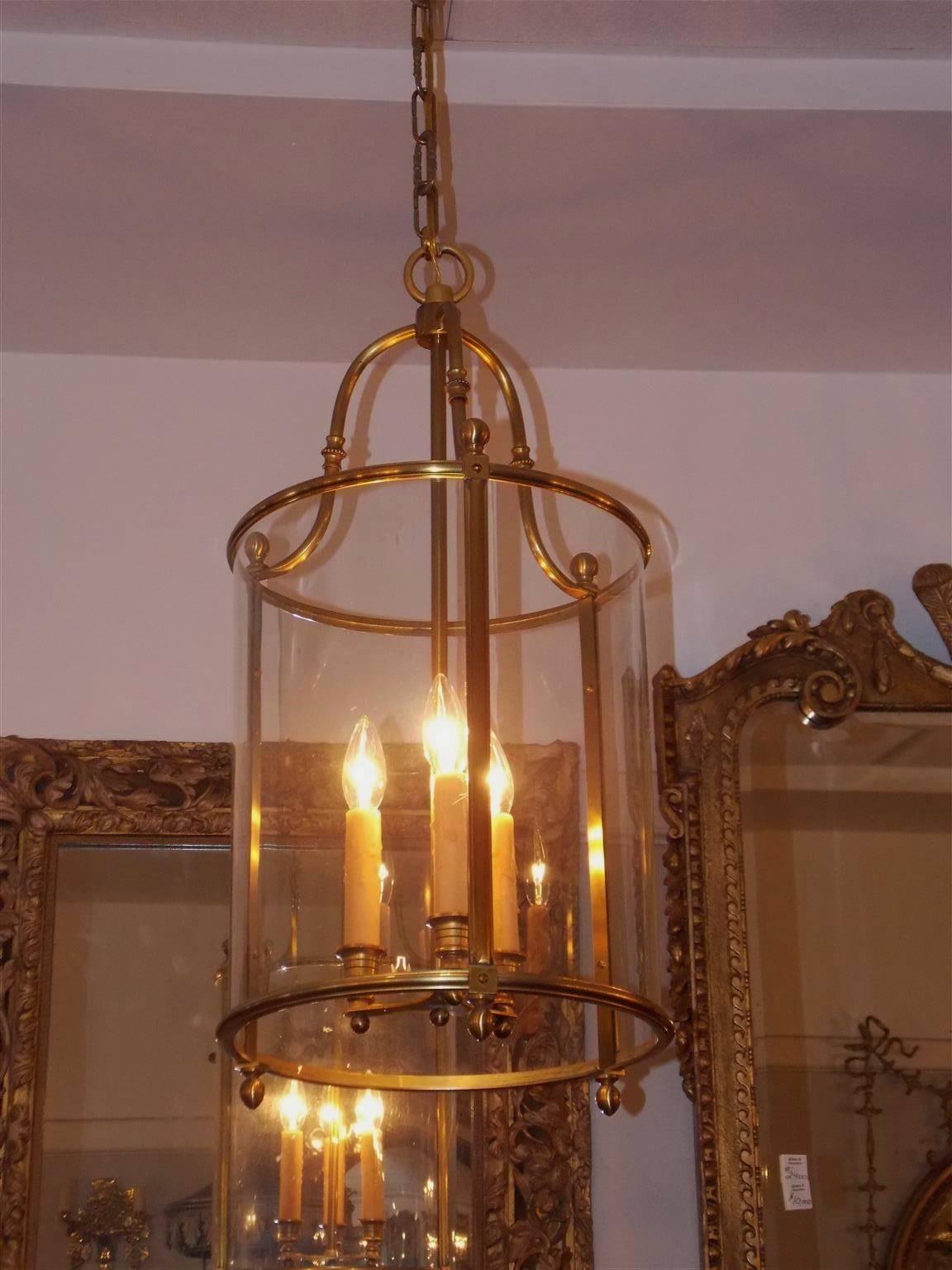 Pair of American Brass Circular Glass Hanging Lanterns, Circa 1870 In Excellent Condition In Hollywood, SC