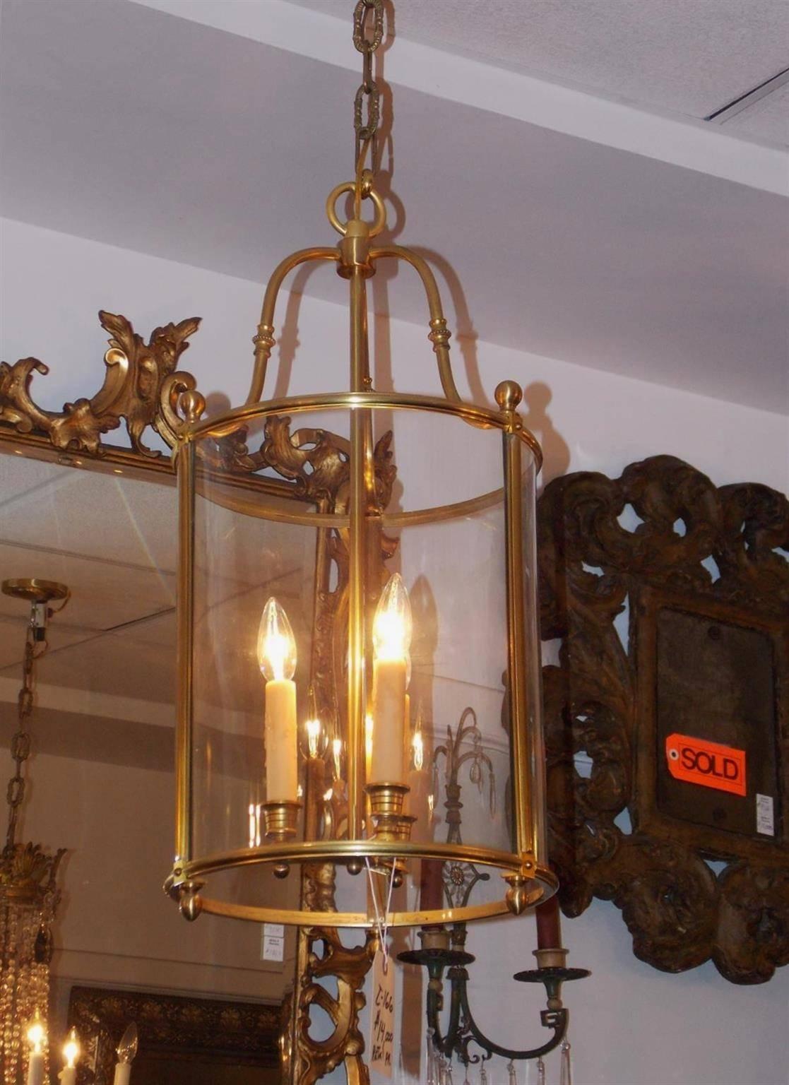 Late 19th Century Pair of American Brass Circular Glass Hanging Lanterns, Circa 1870