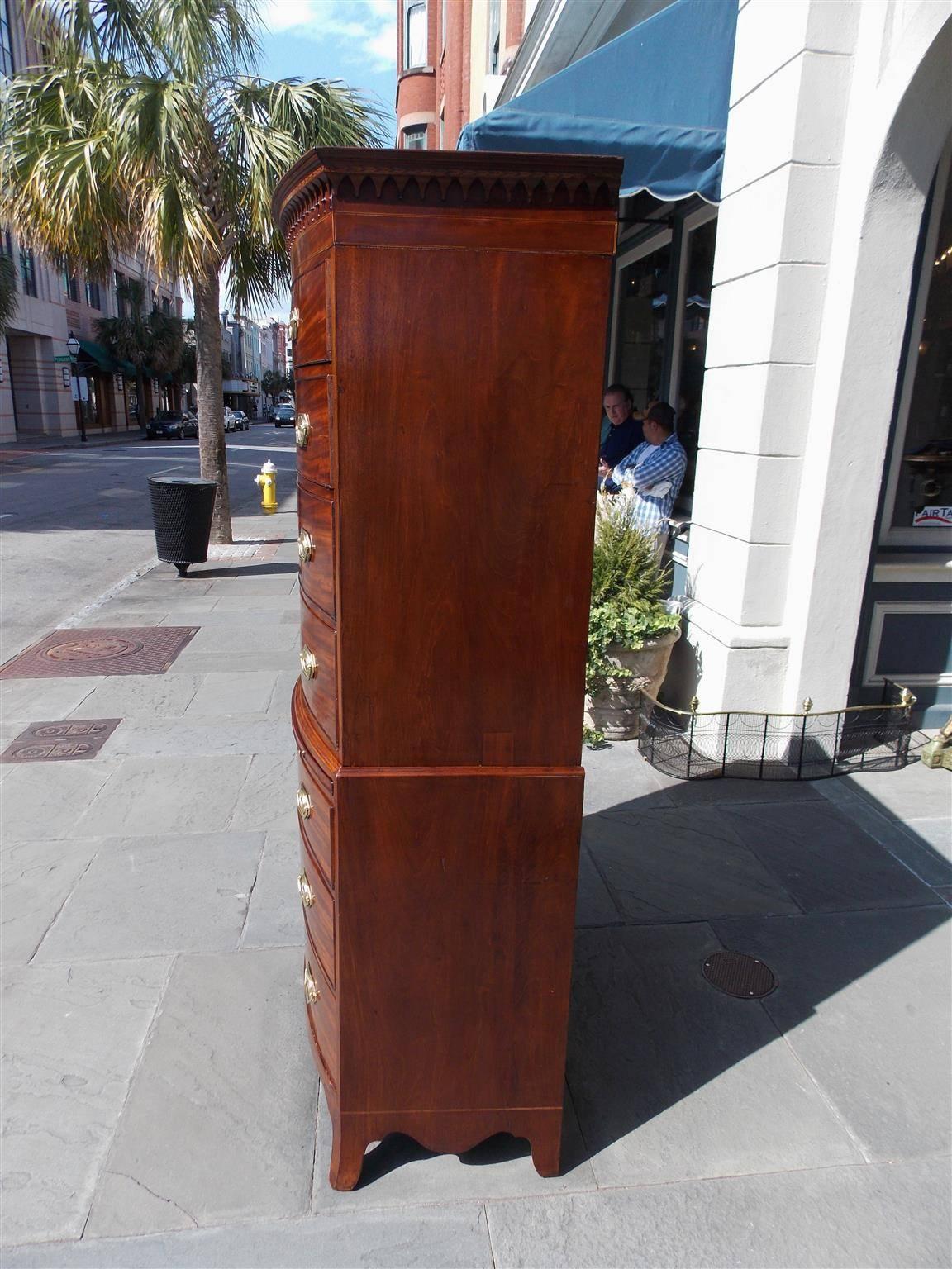 Brass English Mahogany Inlaid Bow Front Chest on Chest with Brushing Slide, Circa 1780