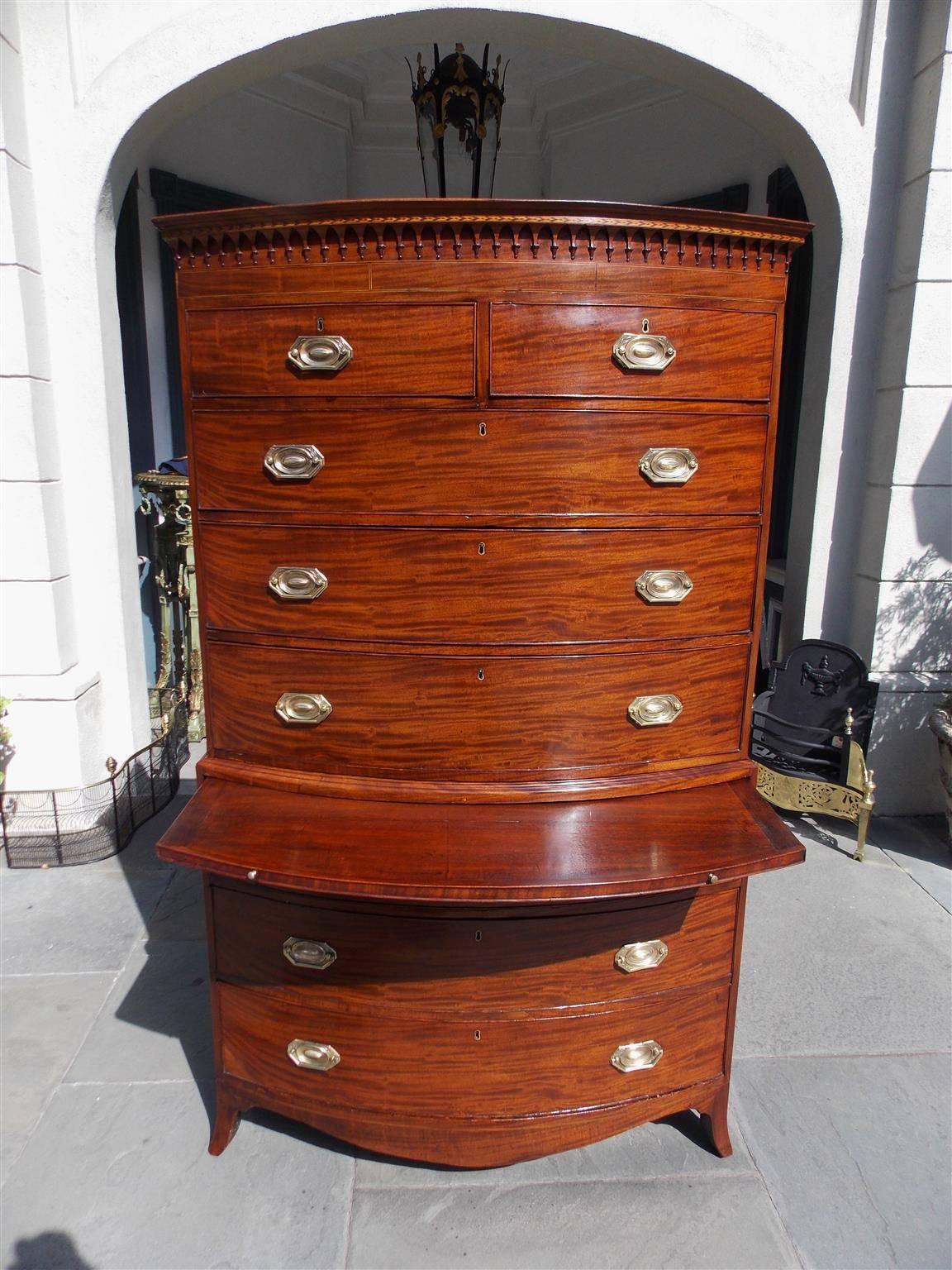 English Mahogany Inlaid Bow Front Chest on Chest with Brushing Slide, Circa 1780 1