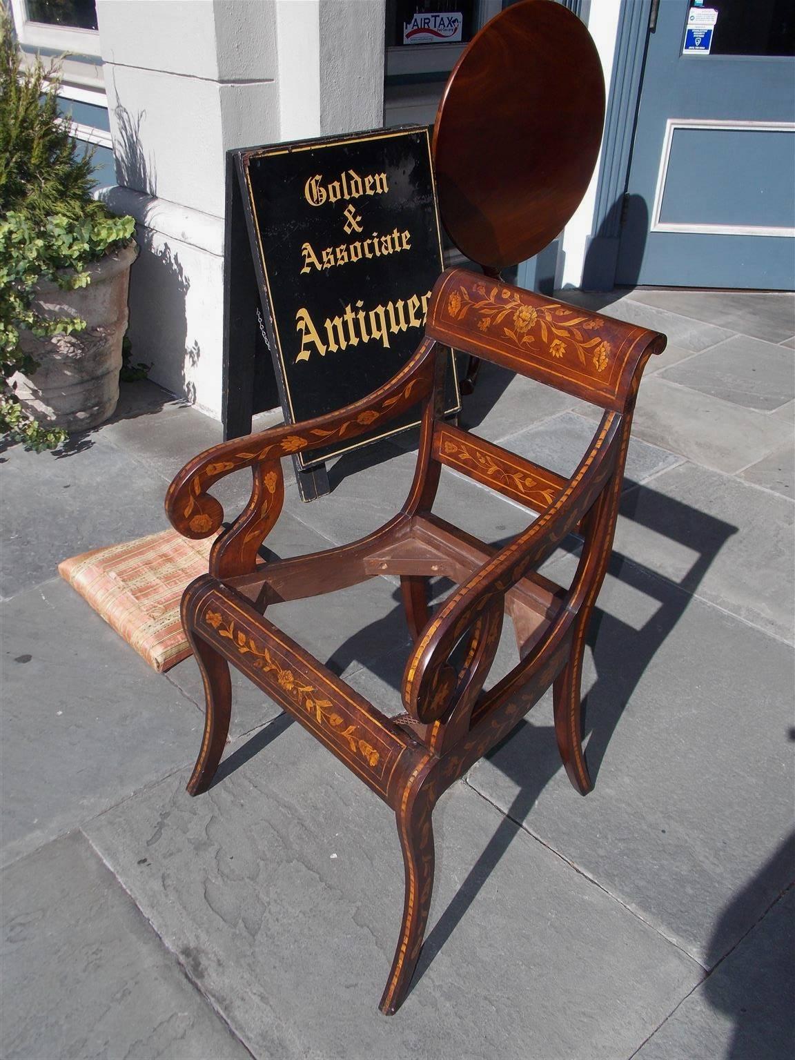 Hand-Carved Italian Walnut and Tulip Wood Inlaid Marquetry Armchair, Circa 1820