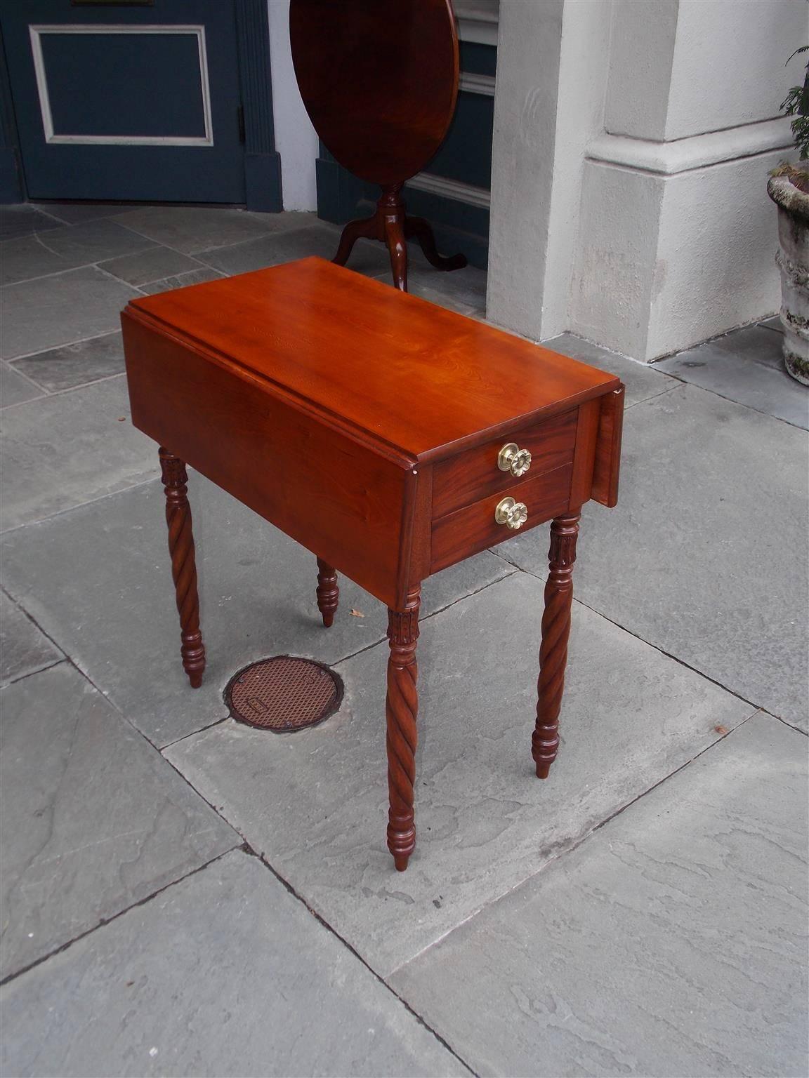 Hand-Carved American Federal Cherry Drop-Leaf Four-Drawer Side Table, N.C, Circa 1815