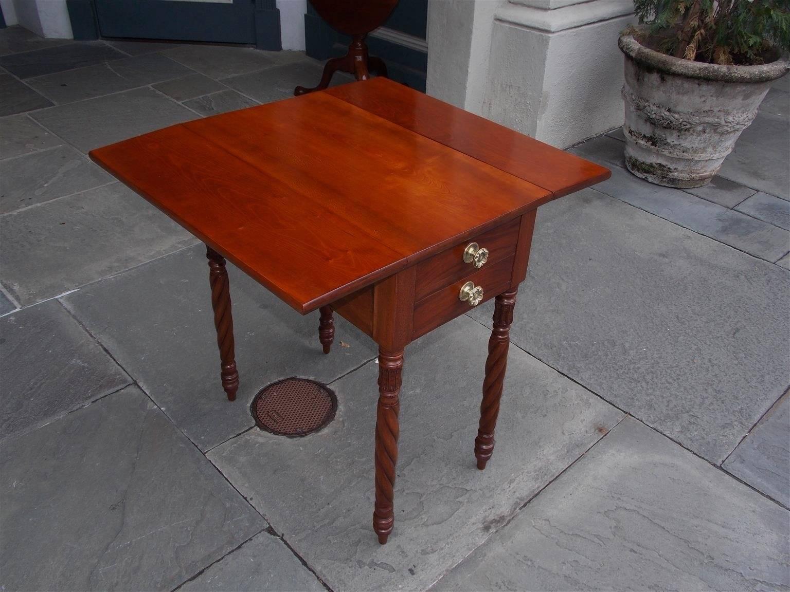 Brass American Federal Cherry Drop-Leaf Four-Drawer Side Table, N.C, Circa 1815