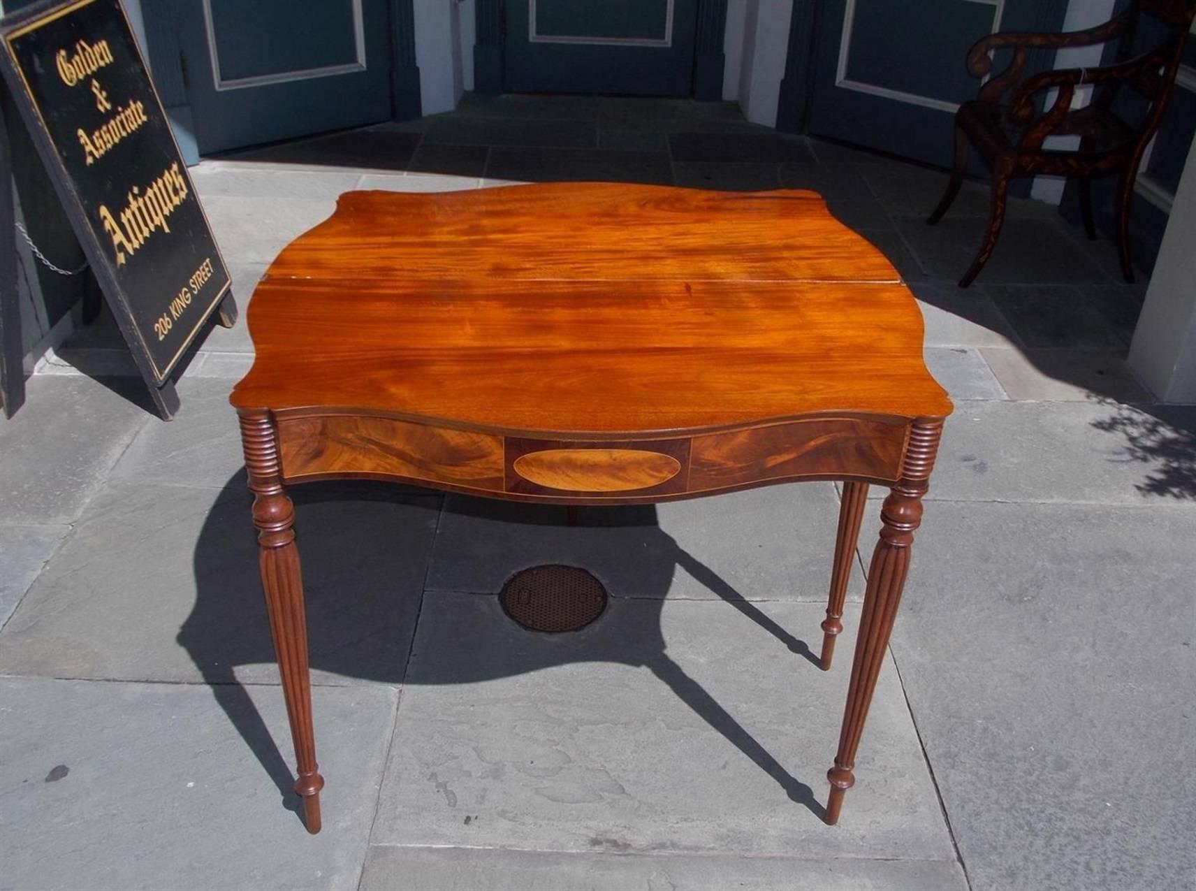 Hand-Carved Masterful American Sheraton Serpentine Mahogany Inlaid Card Table. Boston C 1810 For Sale