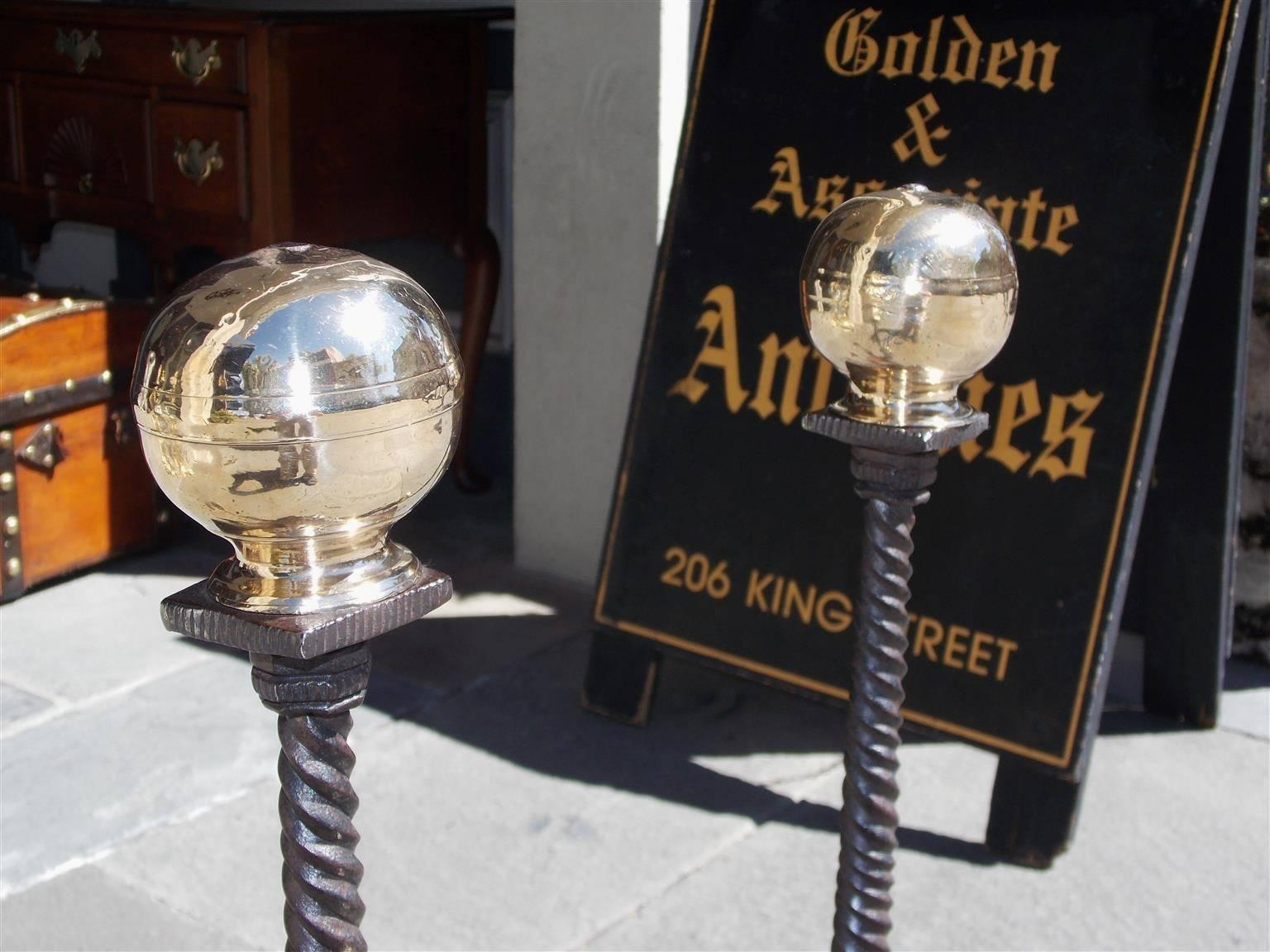 Late 18th Century Pair of English Wrought Iron and Brass Ball Top Andirons, Circa 1780 For Sale