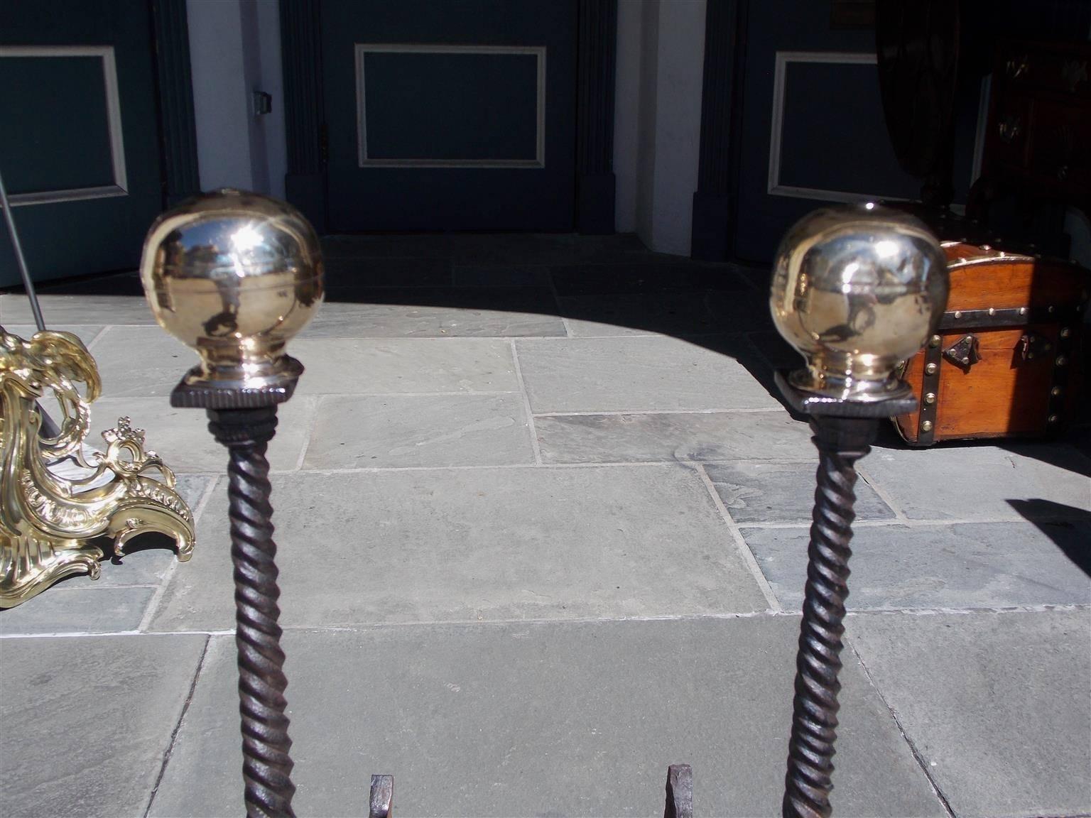 Pair of English Wrought Iron and Brass Ball Top Andirons, Circa 1780 In Excellent Condition For Sale In Hollywood, SC